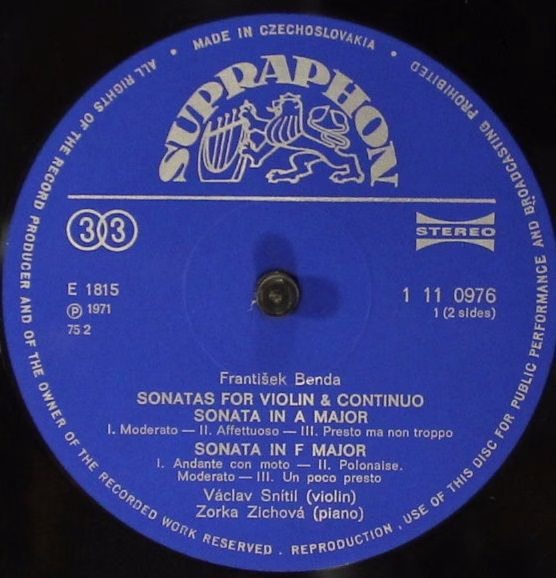 Supraphon 1 11 0976 - František Benda, Václav Snítil, Zorka Zich - Image 4