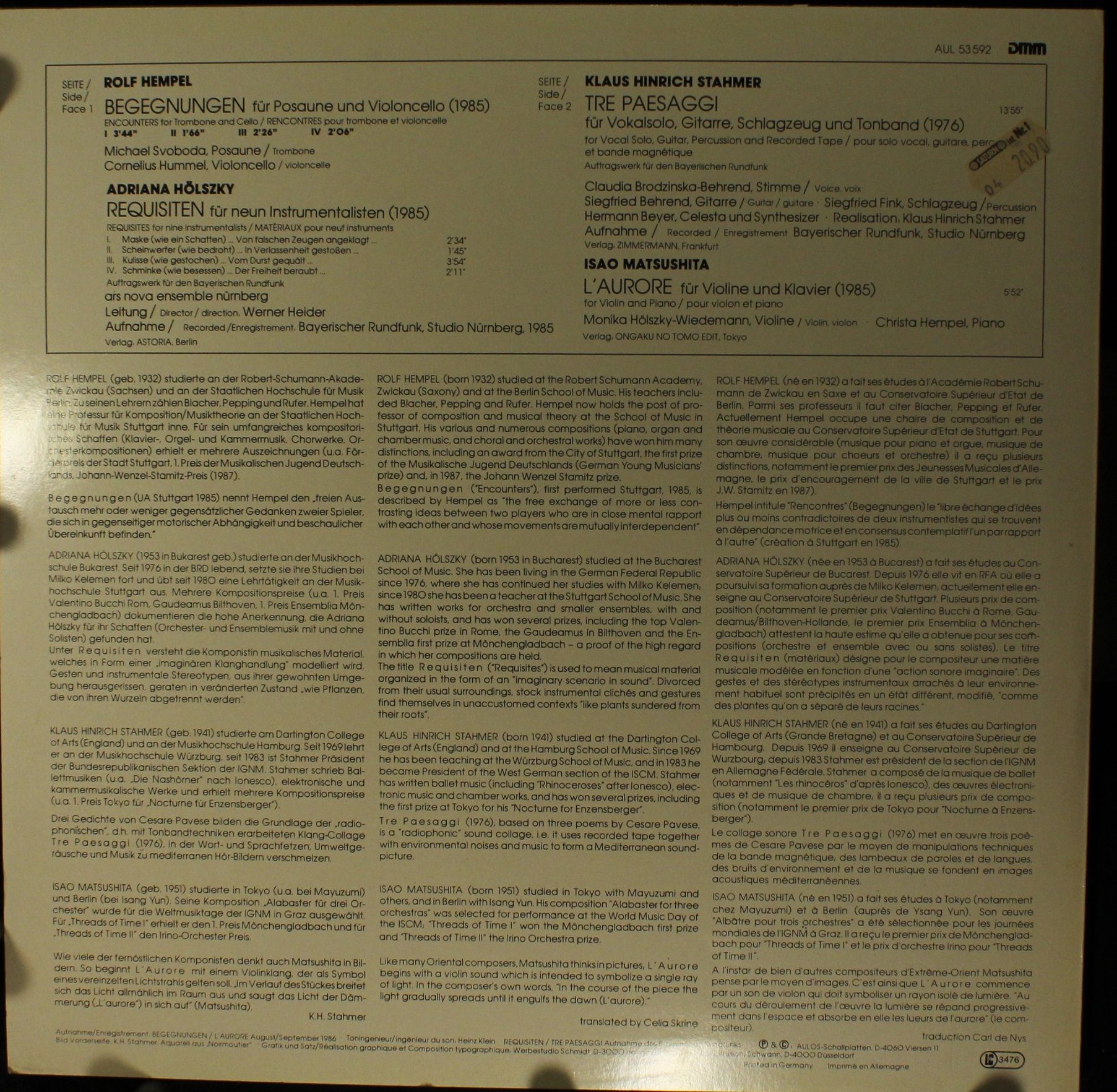 AULOS AUL 53 592 - Rolf Hempel, Adriana Hölszky, Klaus Hinrich S - Image 2