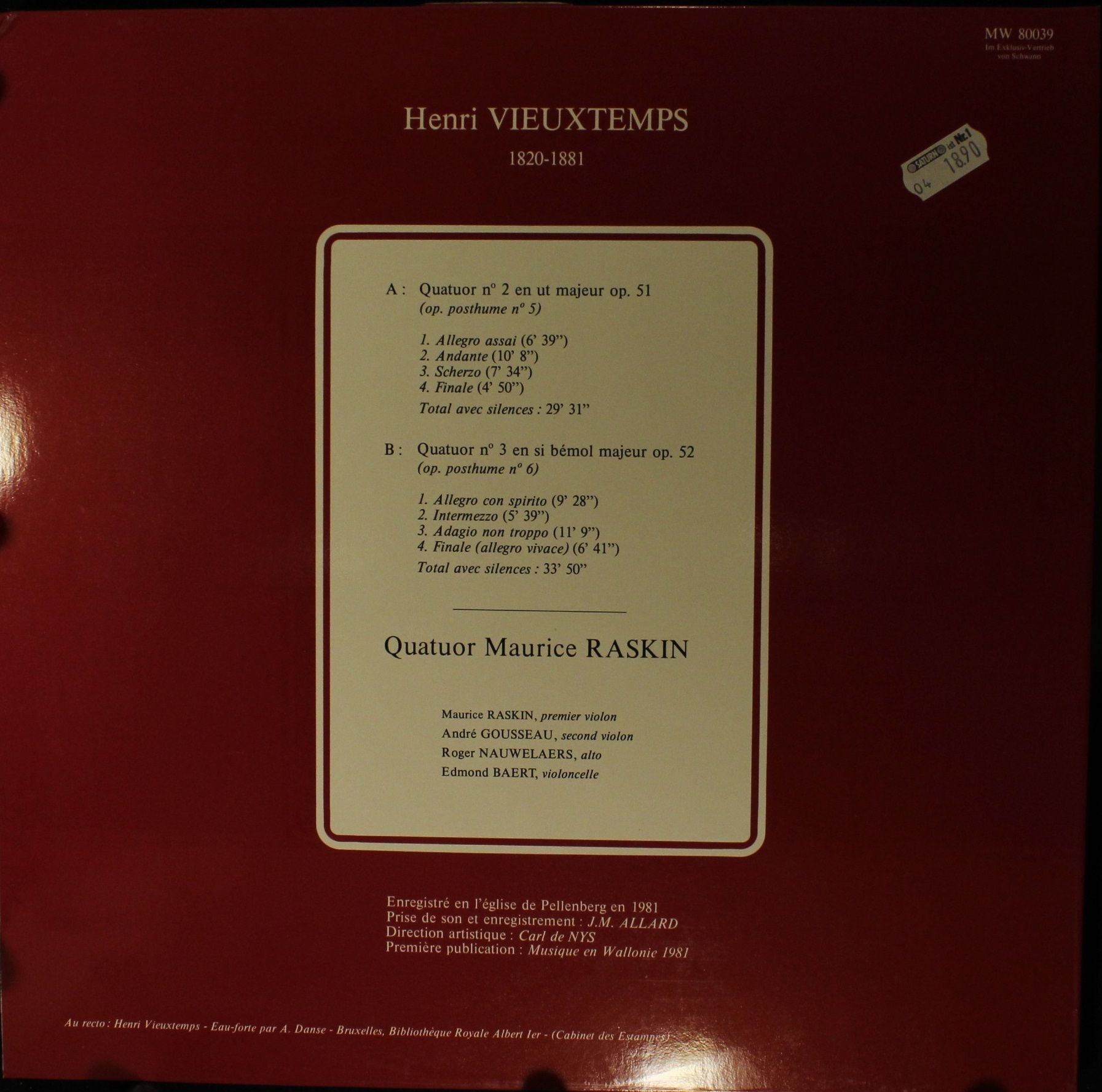 Musique en Wallonie MW 80039 - Henri Vieuxtemps, Quator À Cordes - Image 2