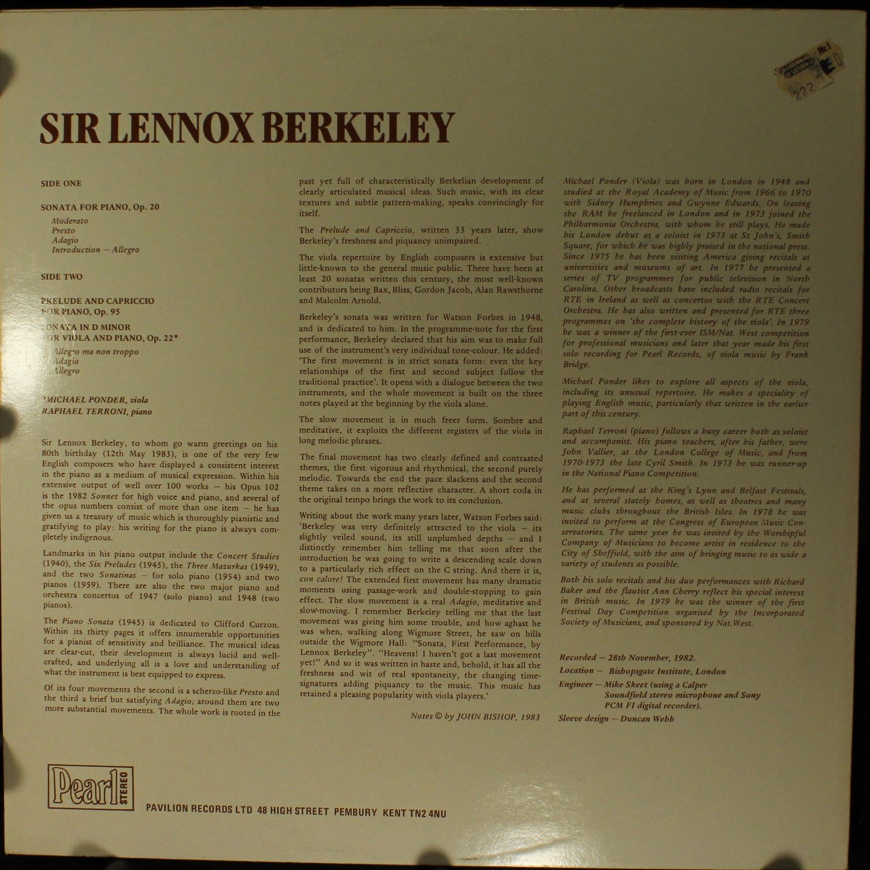 Pearl SHE 576 - Lennox Berkeley, Raphael Terroni, Michael Ponder - Image 2