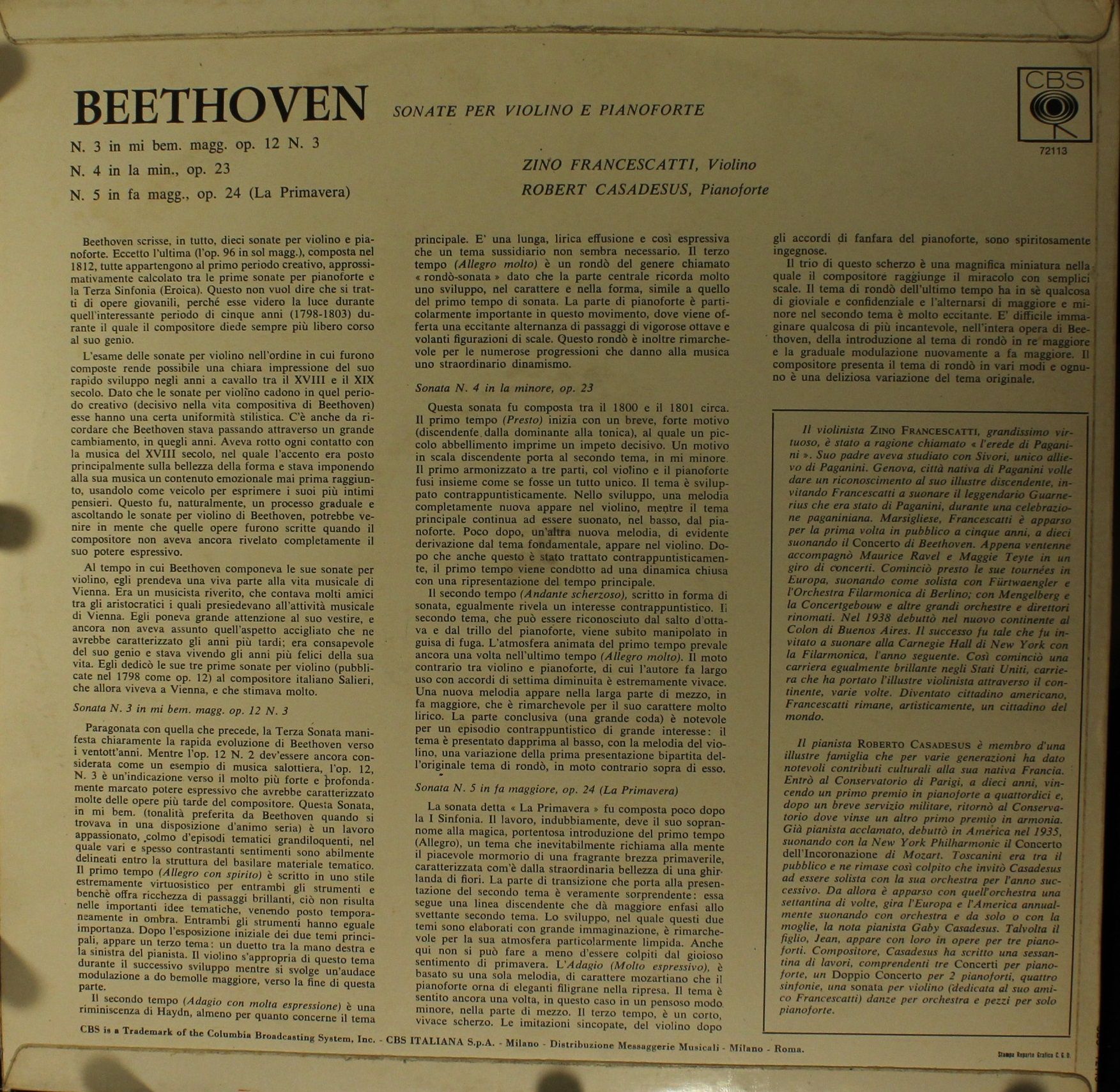 CBS 72113 - Ludwig van Beethoven, Zino Francescatti, Robert Casa - Image 2