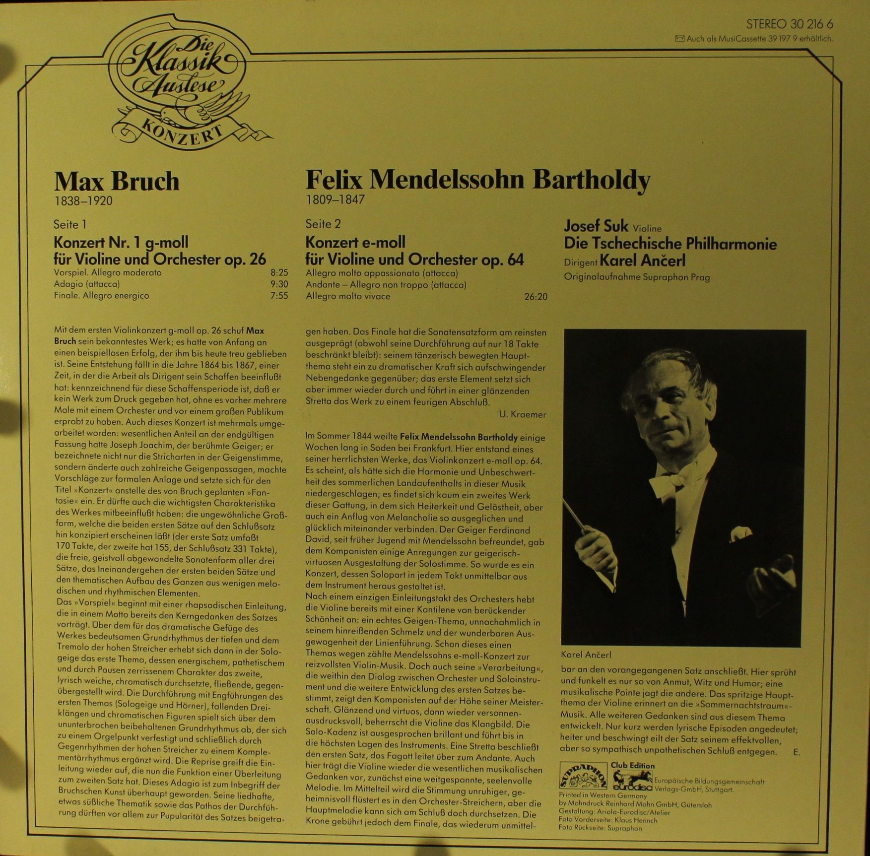 Supraphon 30 216 6 - Felix Mendelssohn-Bartholdy, Max Bruch, Jos - Image 2