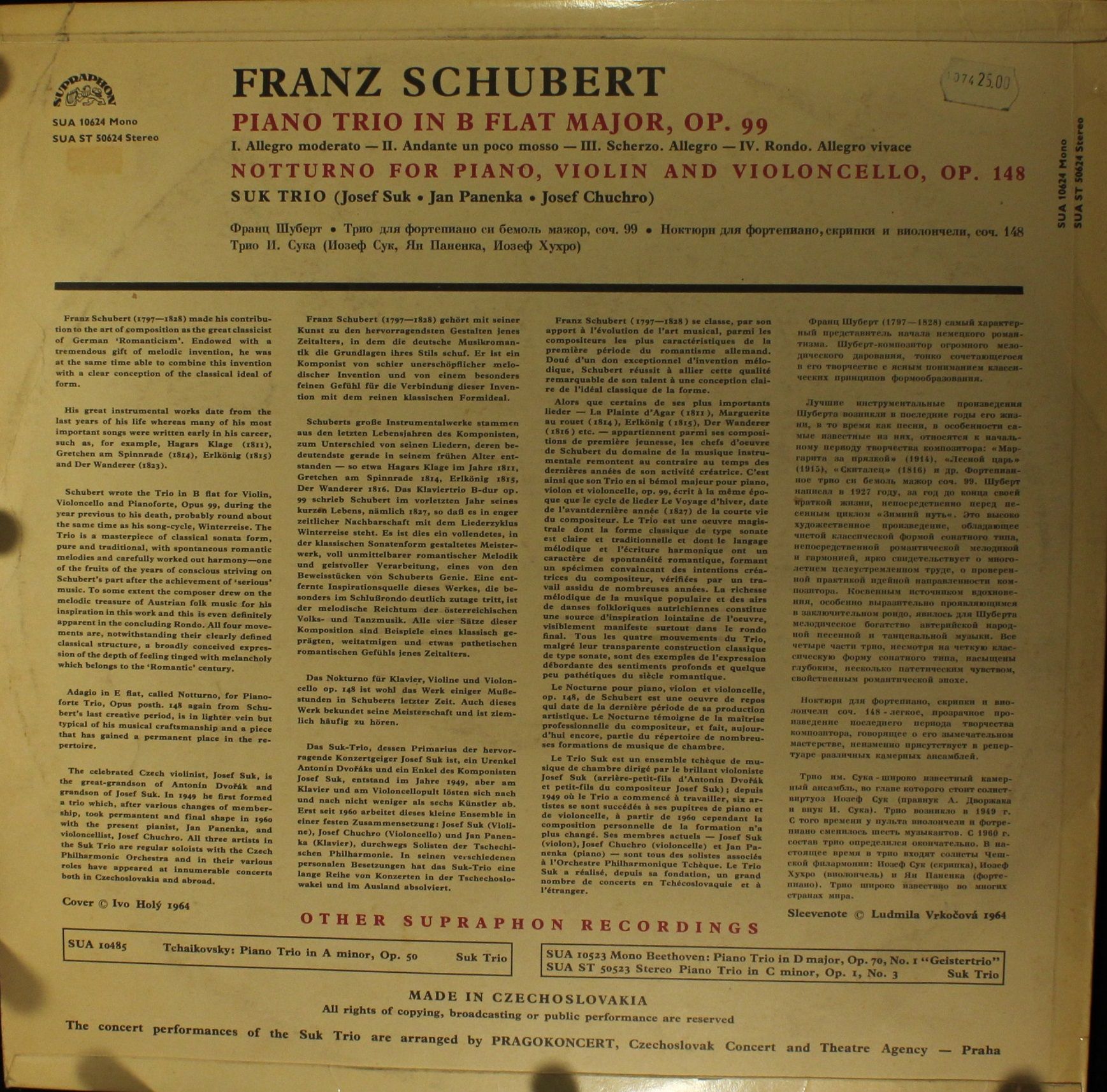 Supraphon SUA ST 50 624 - Franz Schubert, Suk Trio - Piano Trio - Image 2