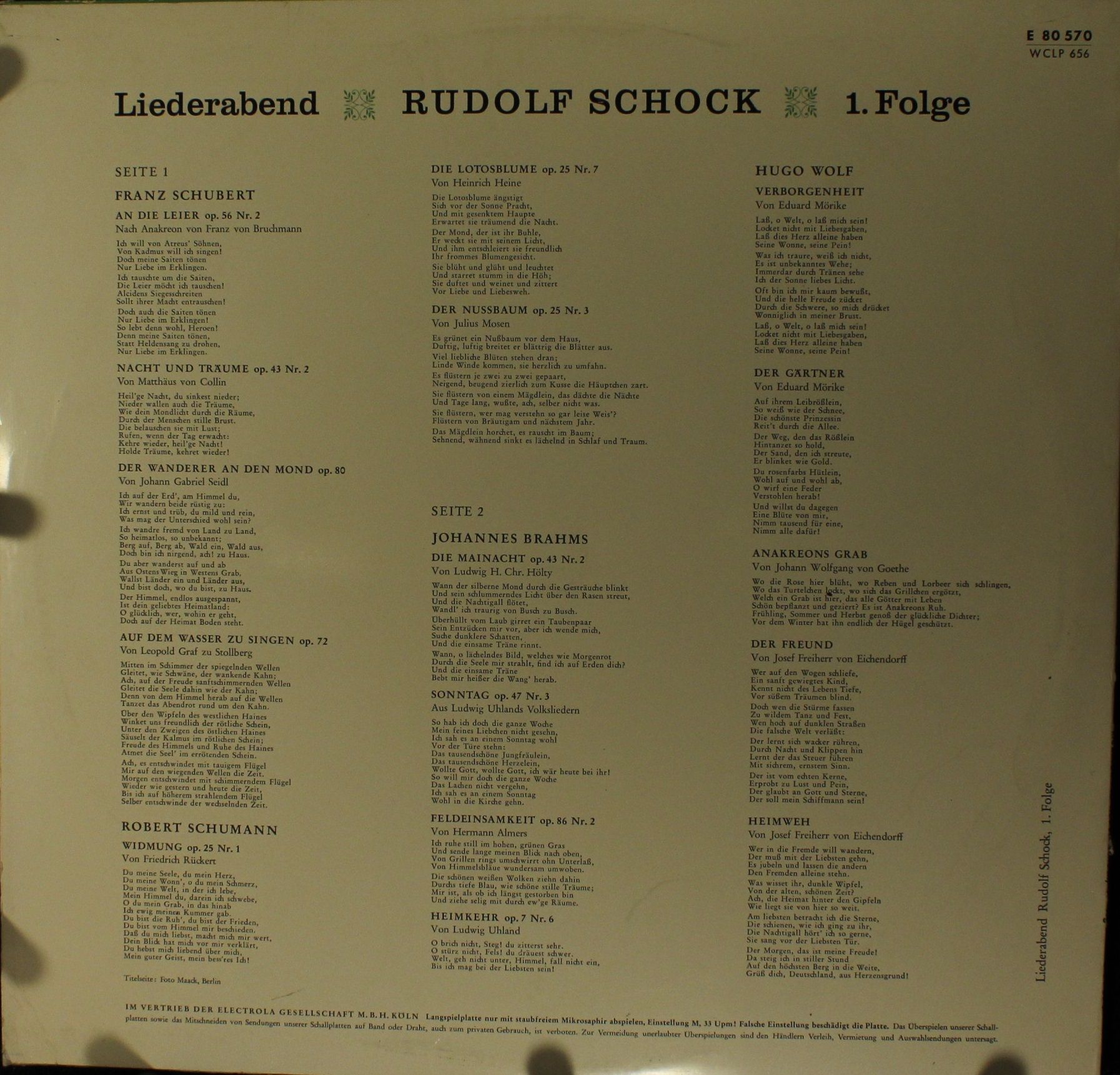 Electrola E 80 570 - Rudolf Schock, Adolf Stauch - Liederabend E - Image 2