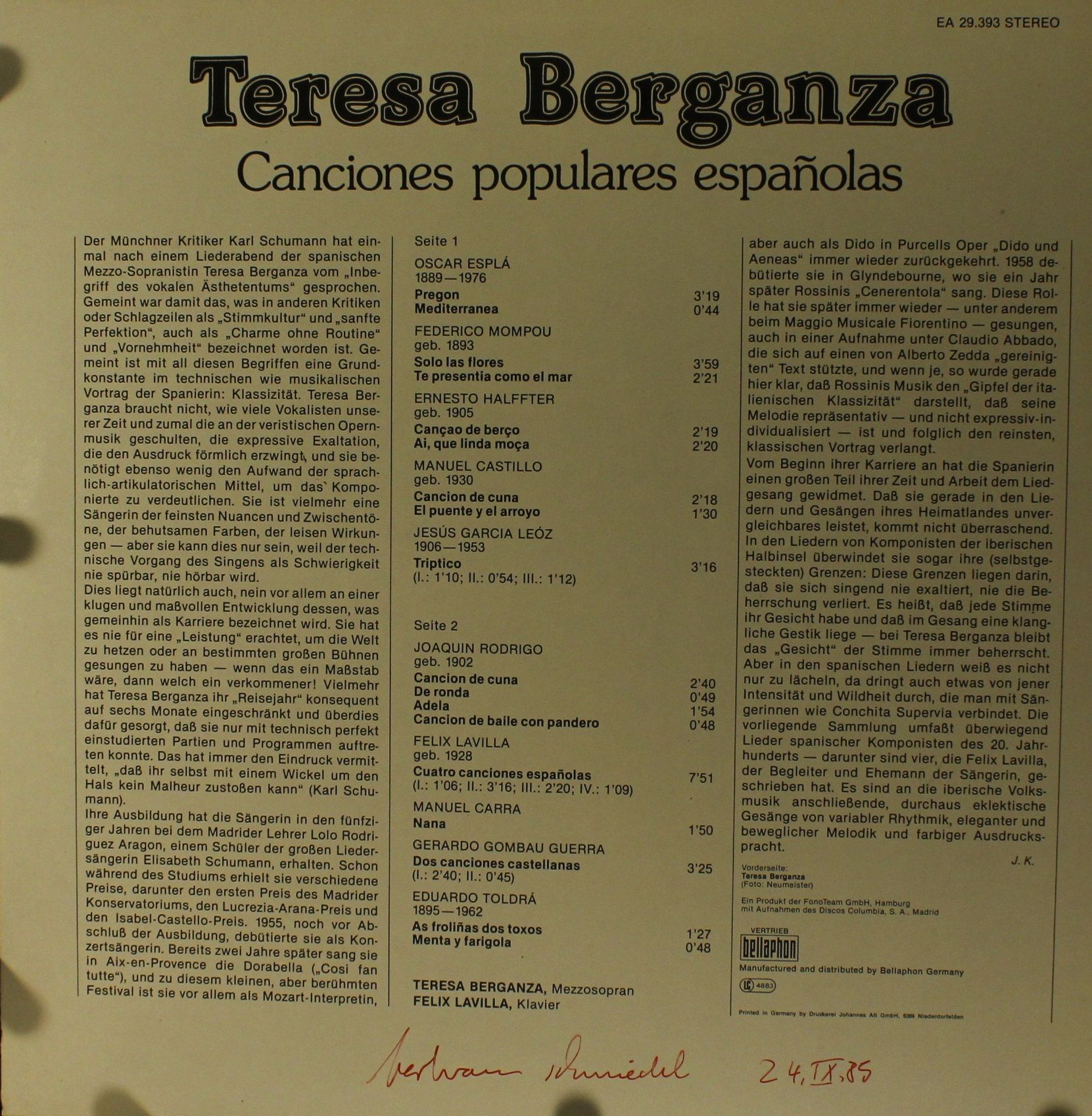 ACANTA 29.393 - Teresa Berganza, Felix Lavilla - Canciones Popul - Image 2