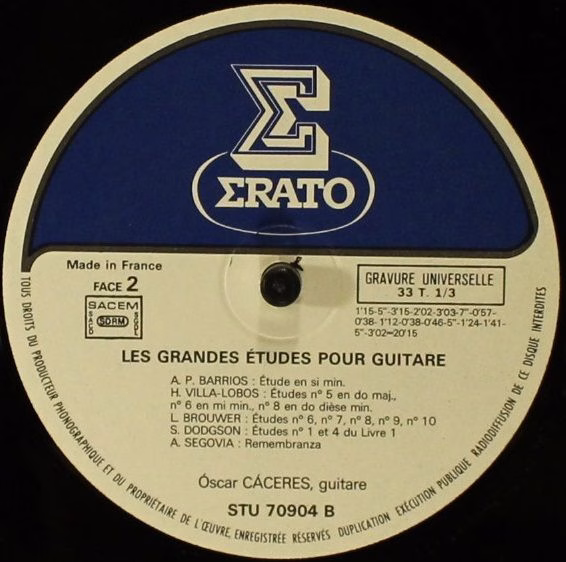 Erato STU 70904 - Oscar Cáceres - Les Grandes Etudes Pour Guitar - Image 2
