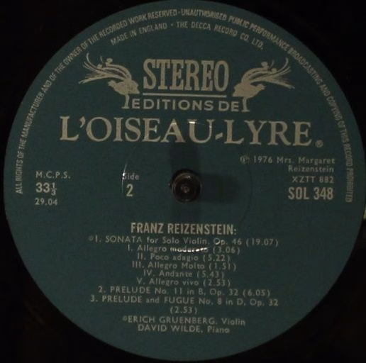 L'Oiseau-Lyre SOL 348 - Franz Reizenstein - Violin Sonata Op.20 - Image 3