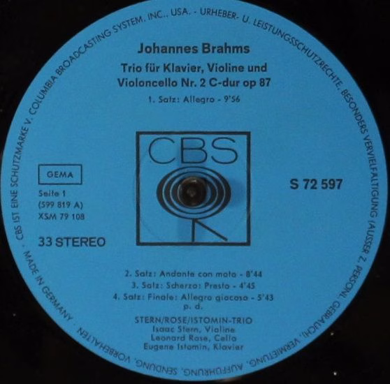 CBS S 72 597 - Johannes Brahms, The Istomin/Stern/Rose Trio - Tr - Image 4