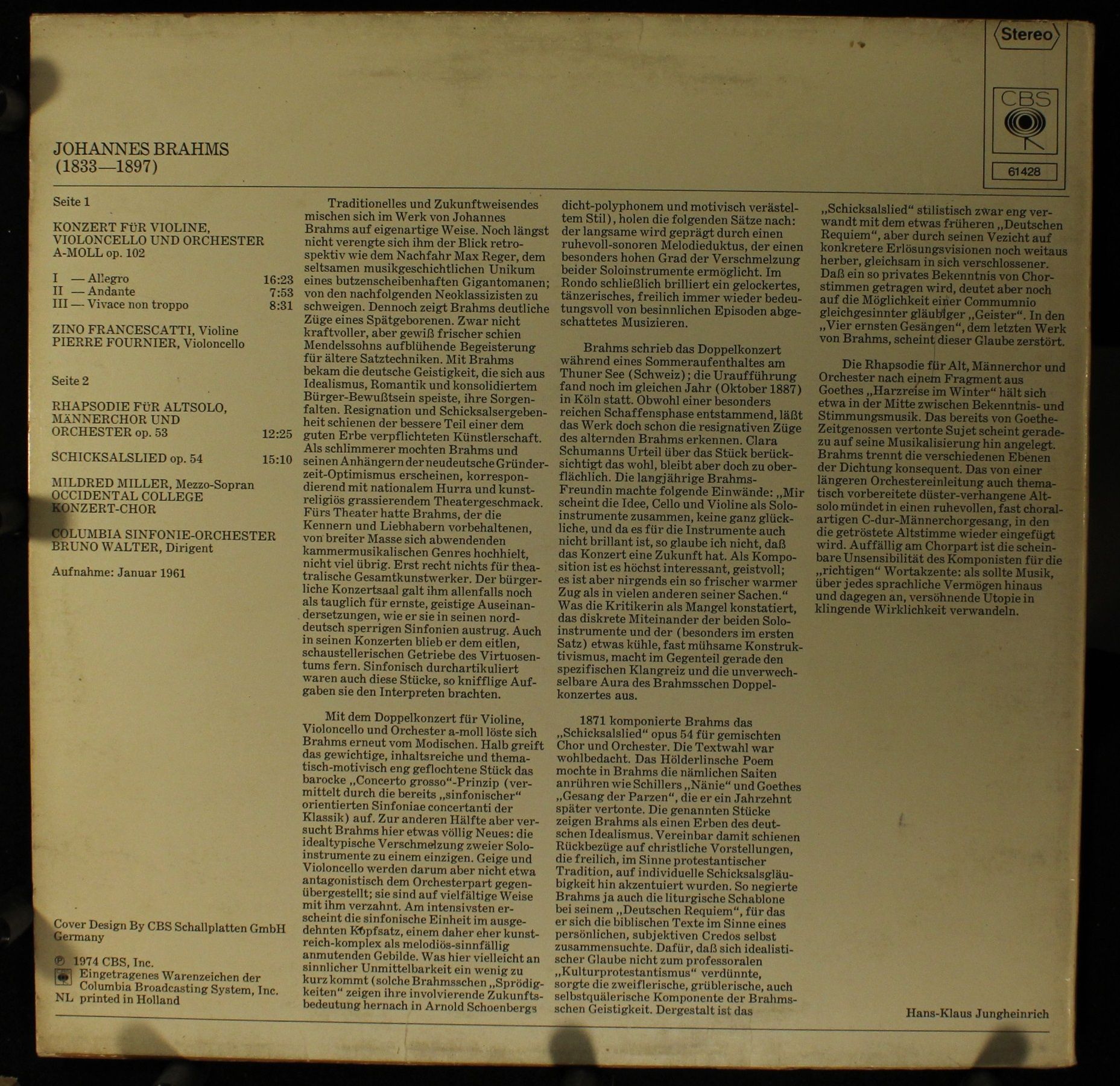 CBS 61 428 - Bruno Walter, Johannes Brahms, Columbia Symphony Or - Image 2