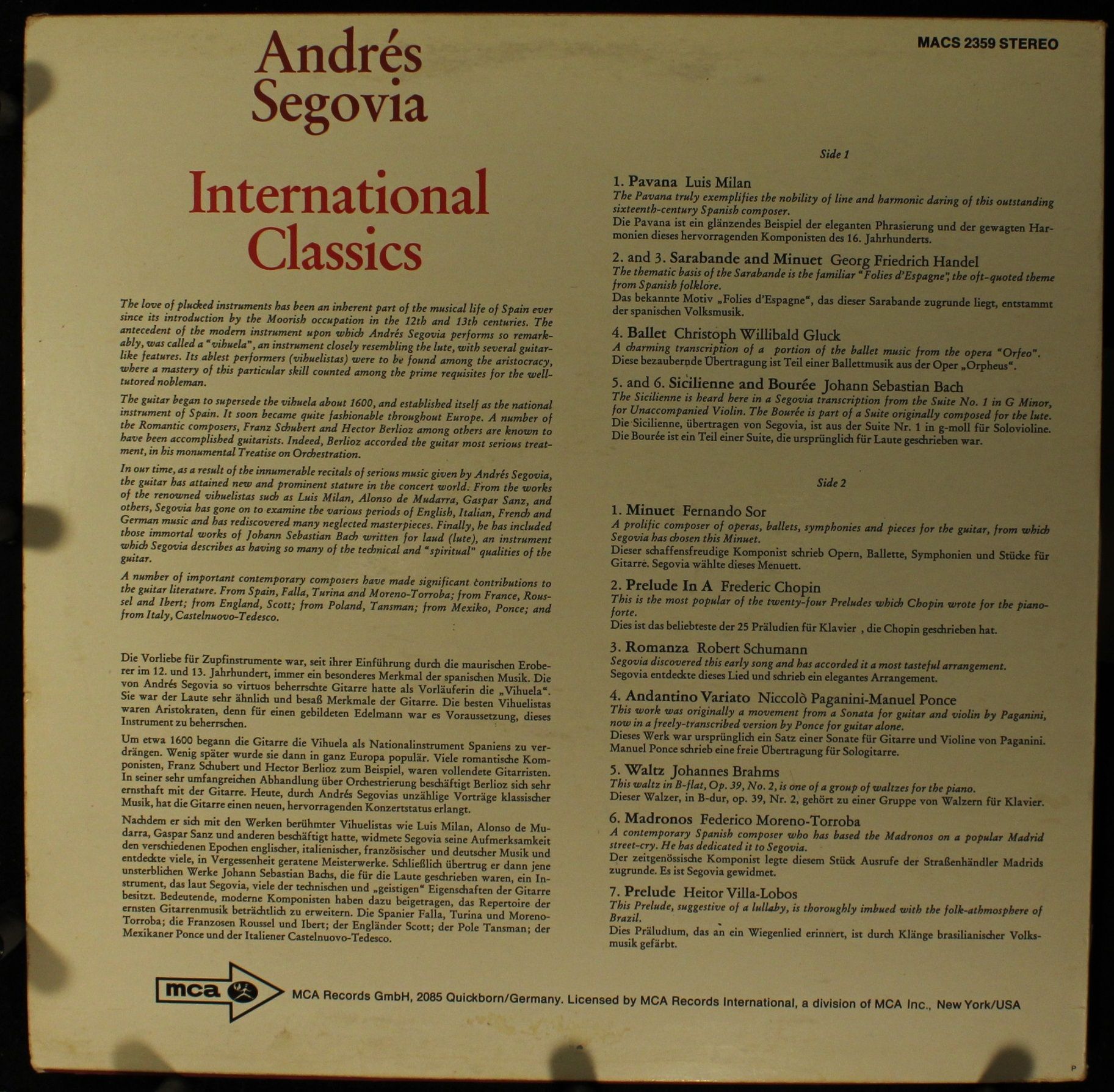 MCA Records MACS 2359 - Andrés Segovia - International Classics - Image 2