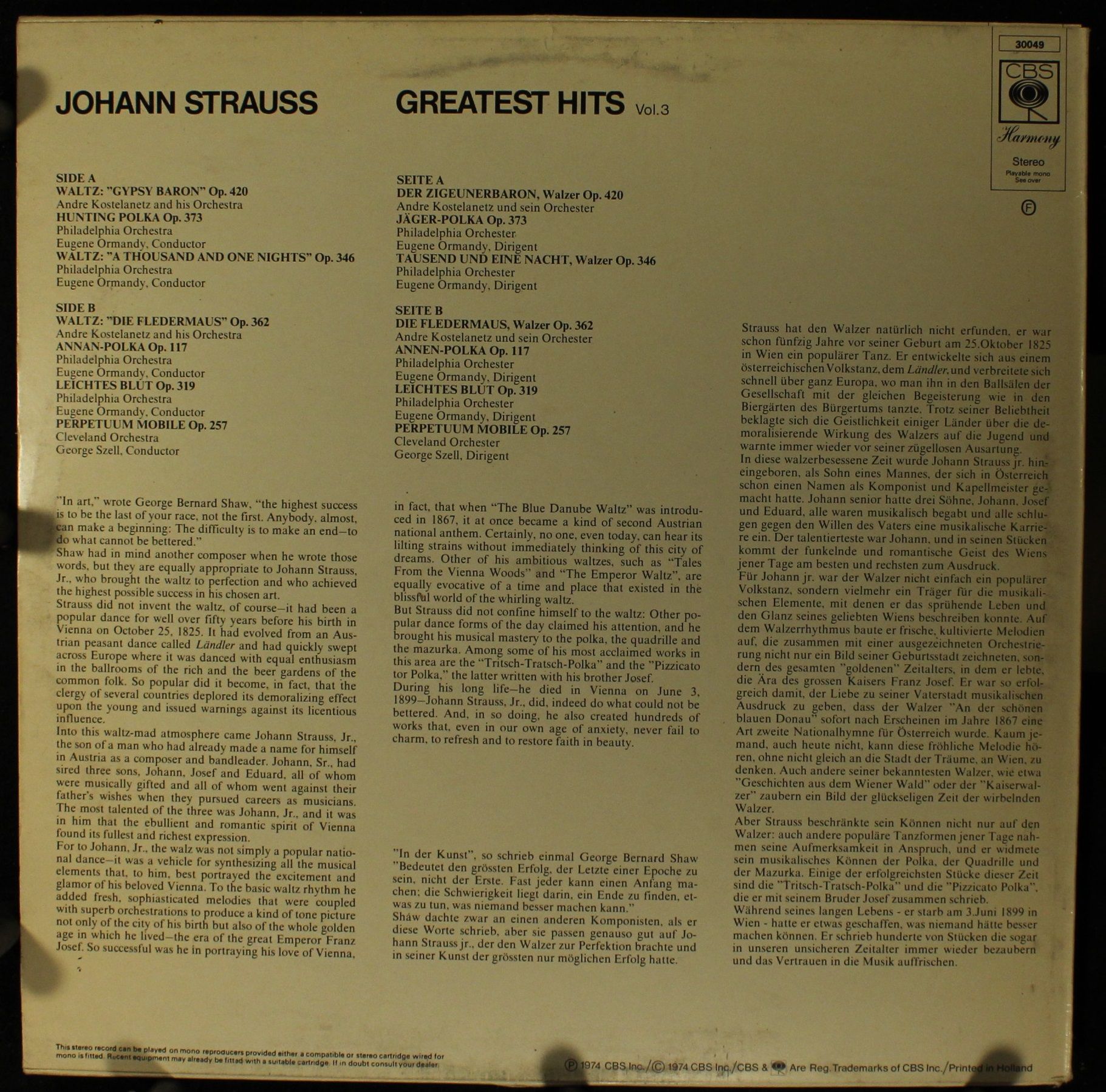 CBS Harmony 30049 - Johann Strauss Jr., Eugene Ormandy, André Ko - Image 2