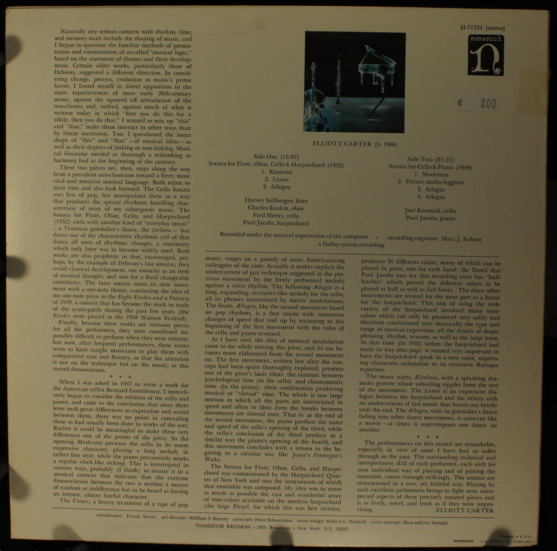 Nonesuch Records H-71234 - Elliott Carter - Sonata For Flute, Ob - Image 2