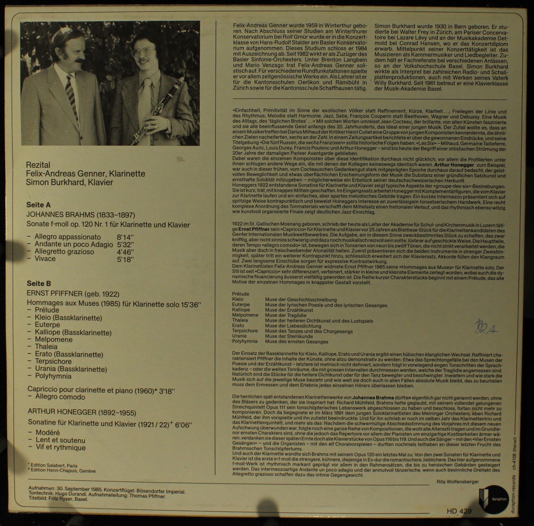 Duraphon HD 429 - Johannes Brahms, Ernst Pfiffner, Arthur Honegg - Image 2