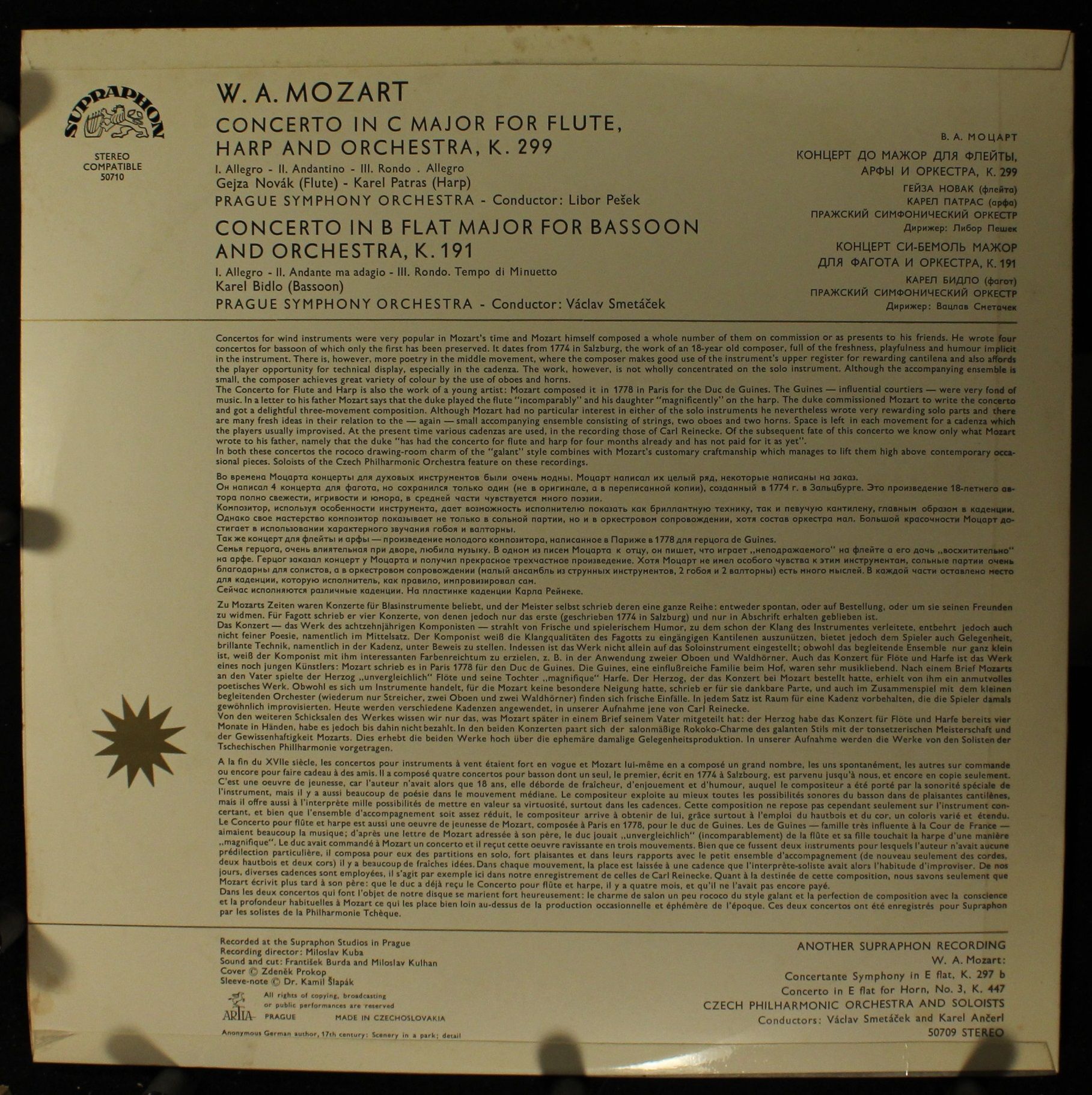 Supraphon 50710 - Wolfgang Amadeus Mozart - Concerto For Flute A - Image 2