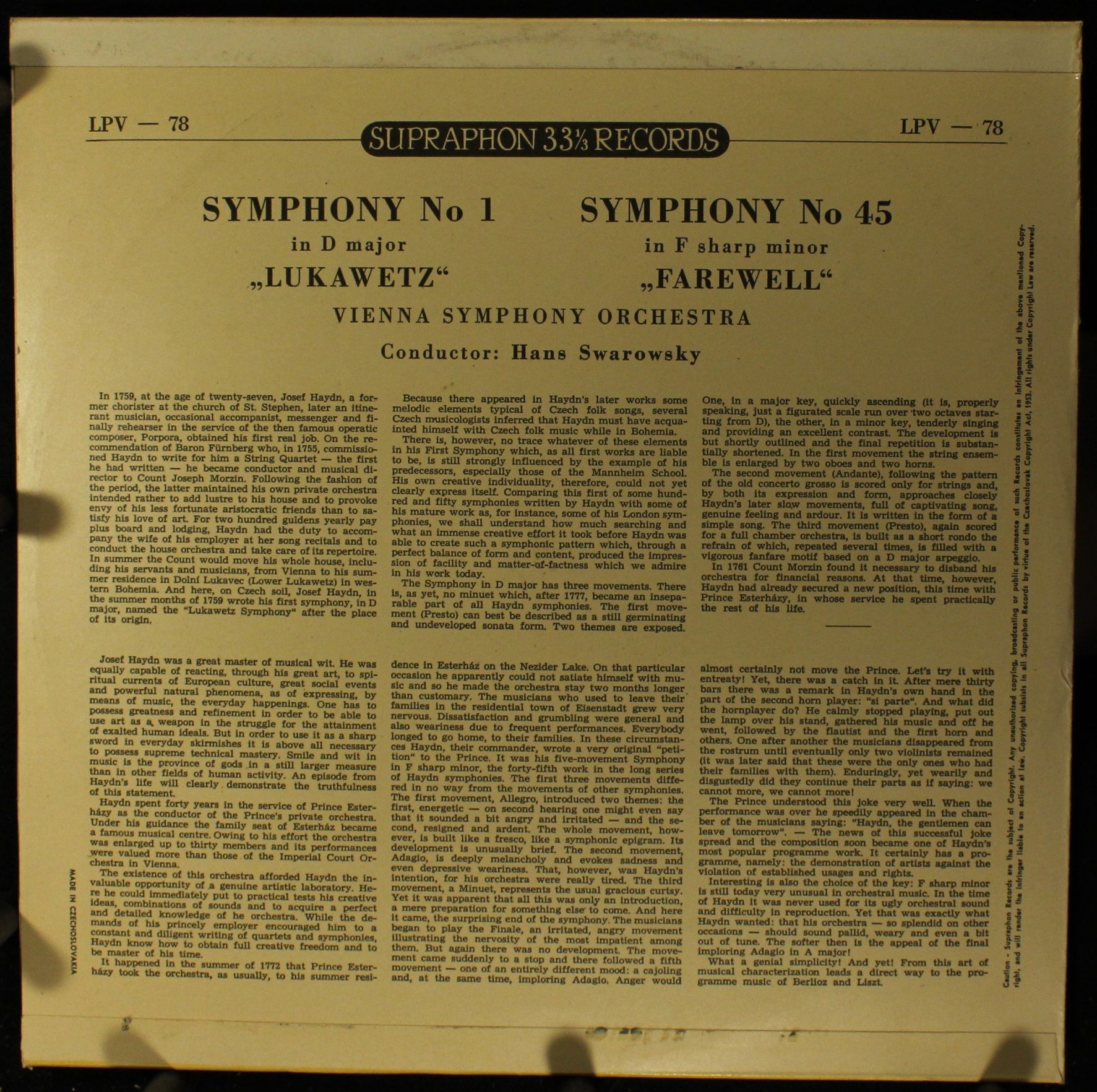 Supraphon LPV - 78 - Joseph Haydn, Wiener Symphoniker, Hans Swar - Image 2
