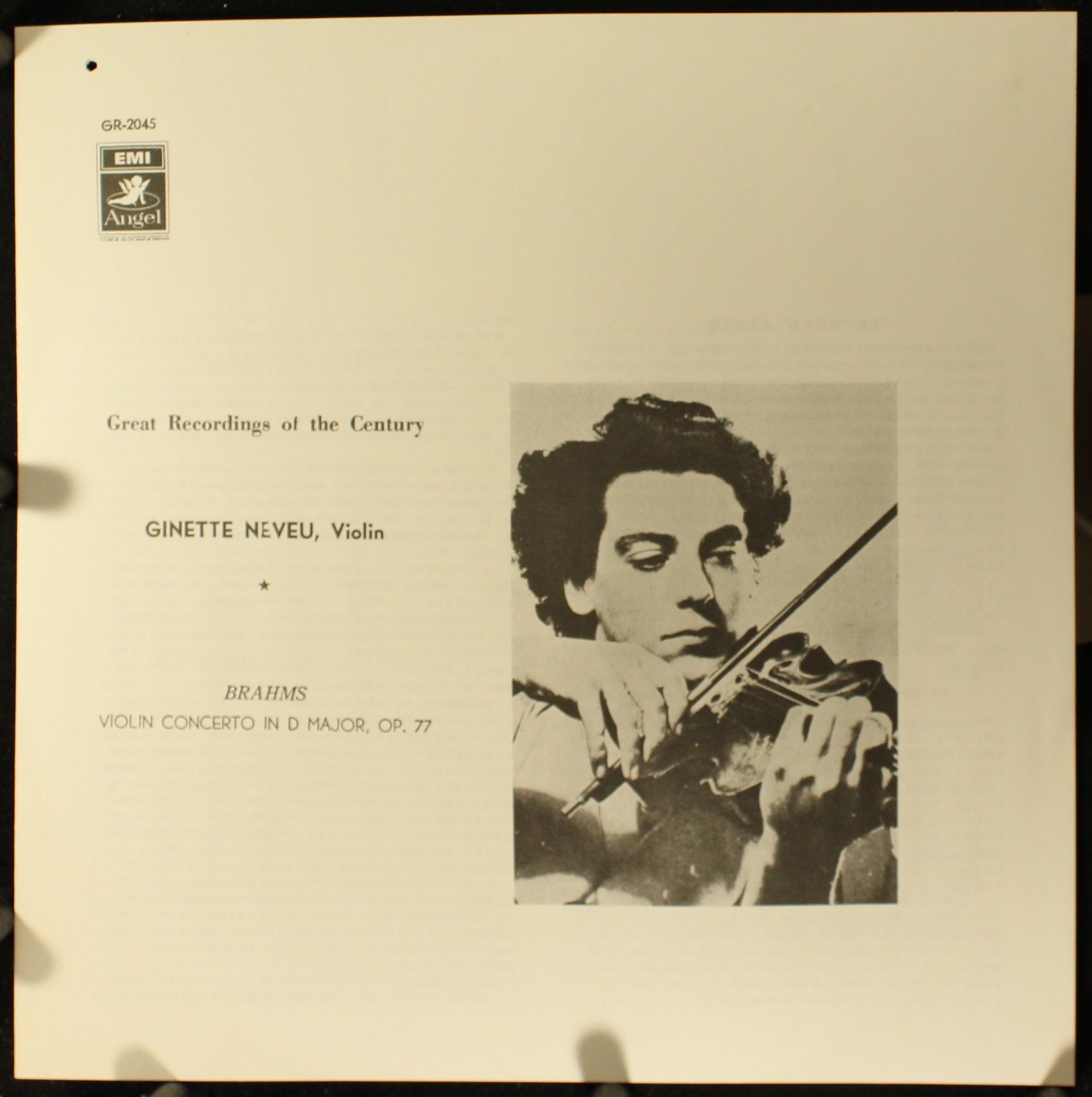 Angel Records GR-2045 - Johannes Brahms, Ginette Neveu - Violin - Image 5