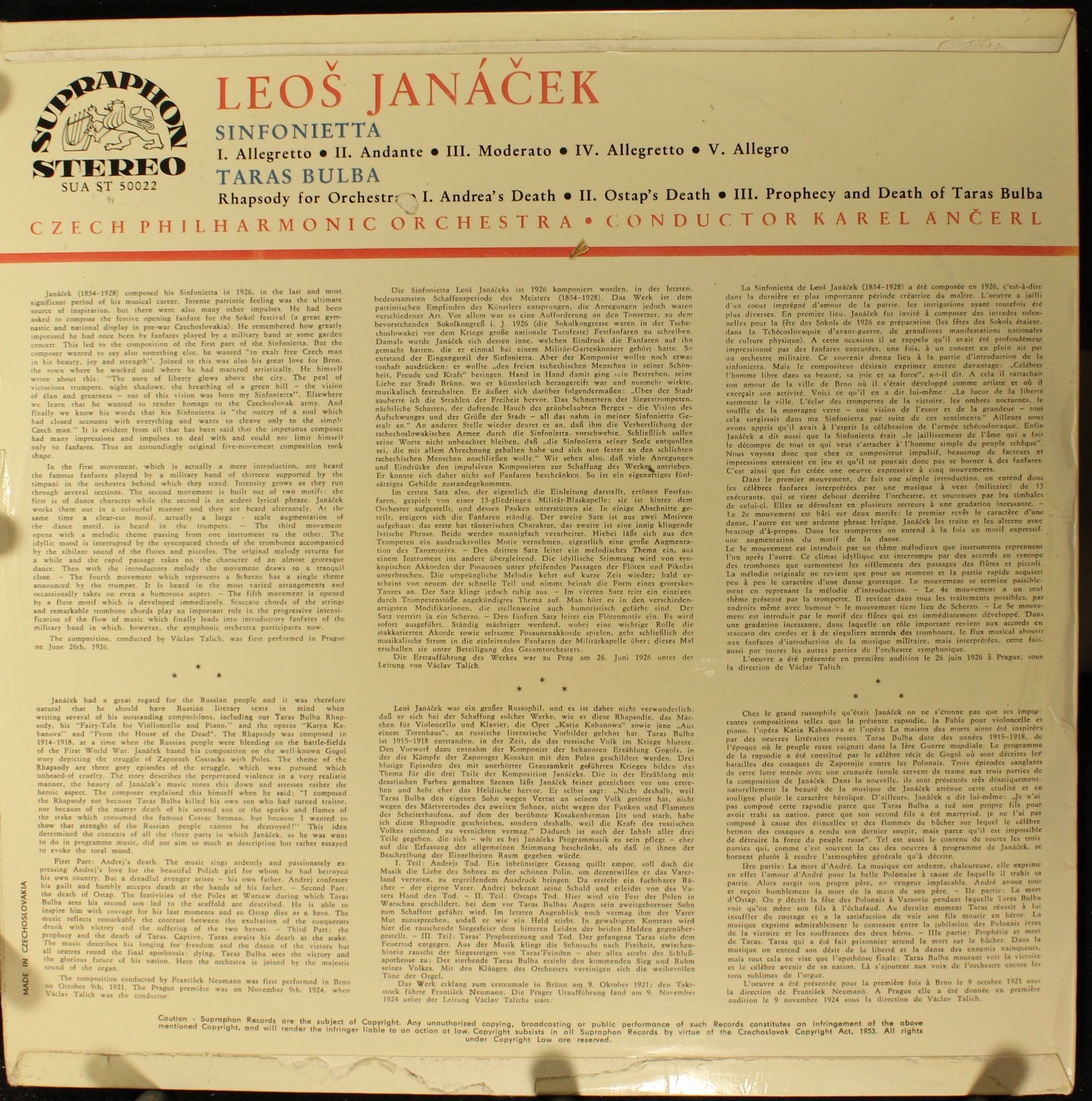 Supraphon SUA ST 50022 - Leoš Janáček, The Czech Philharmonic Or - Image 2