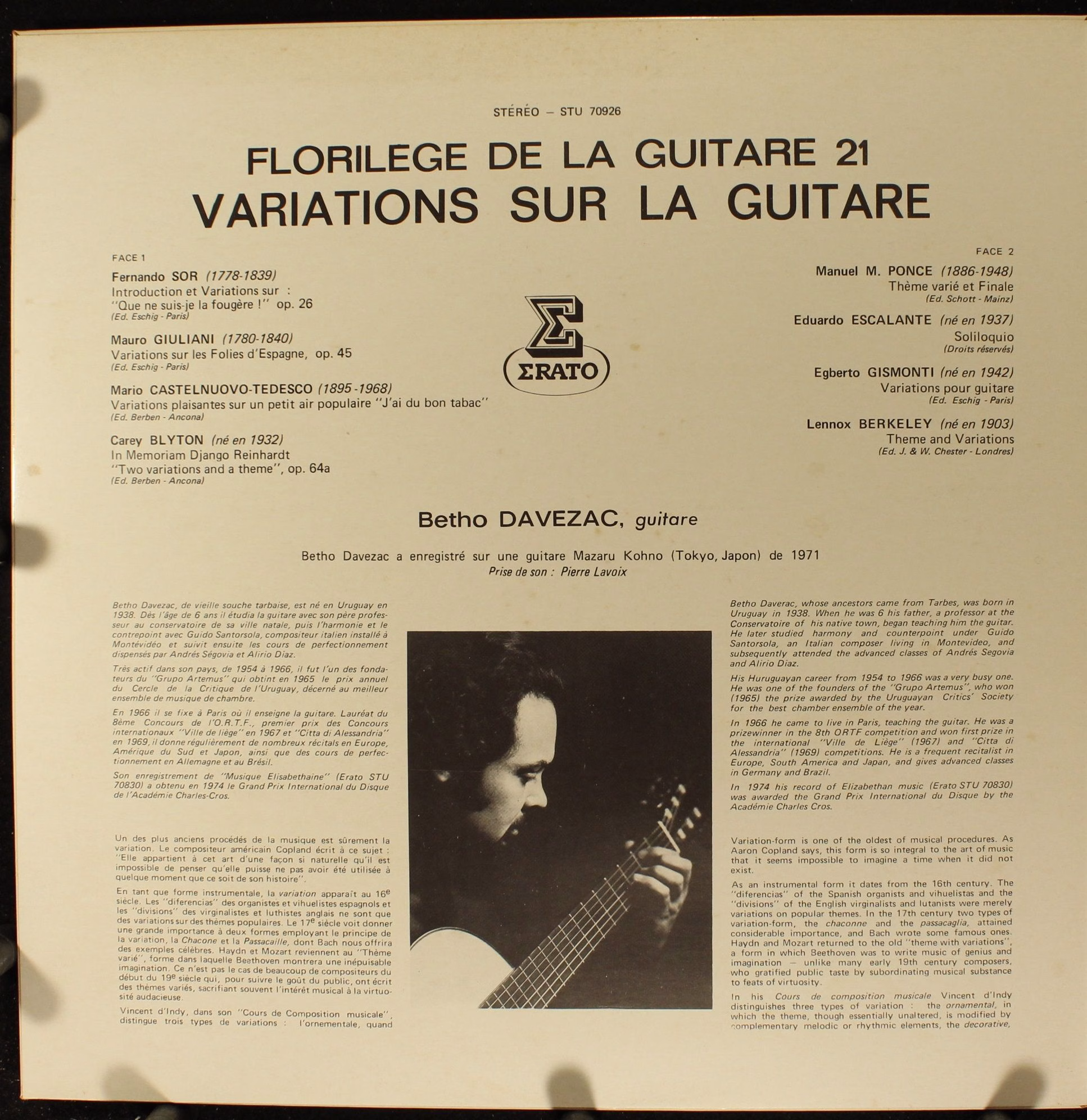 Erato STU 70926 - Betho Davezac - Variations Sur La Guitare - Image 3
