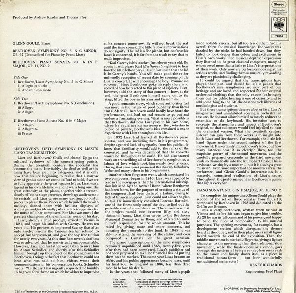 CBS S 72864 - Glenn Gould - Beethoven/Liszt: Symphony No.5, Beet - Image 3