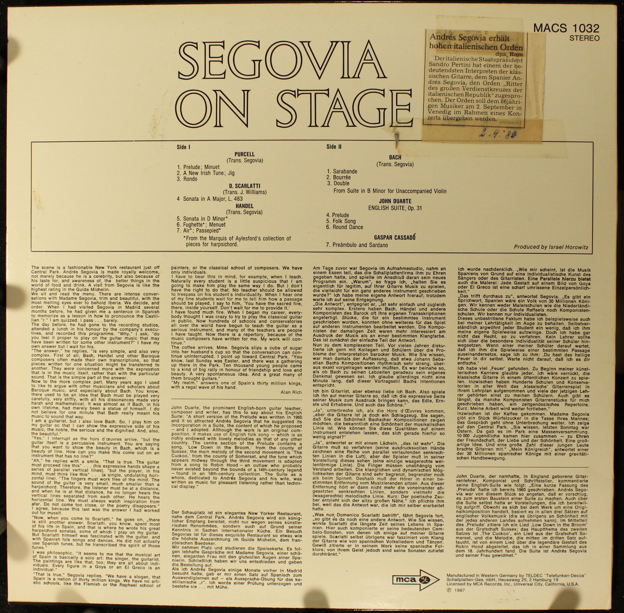 MCA Records MACS 1032 - Andrés Segovia - Segovia On Stage - Image 2
