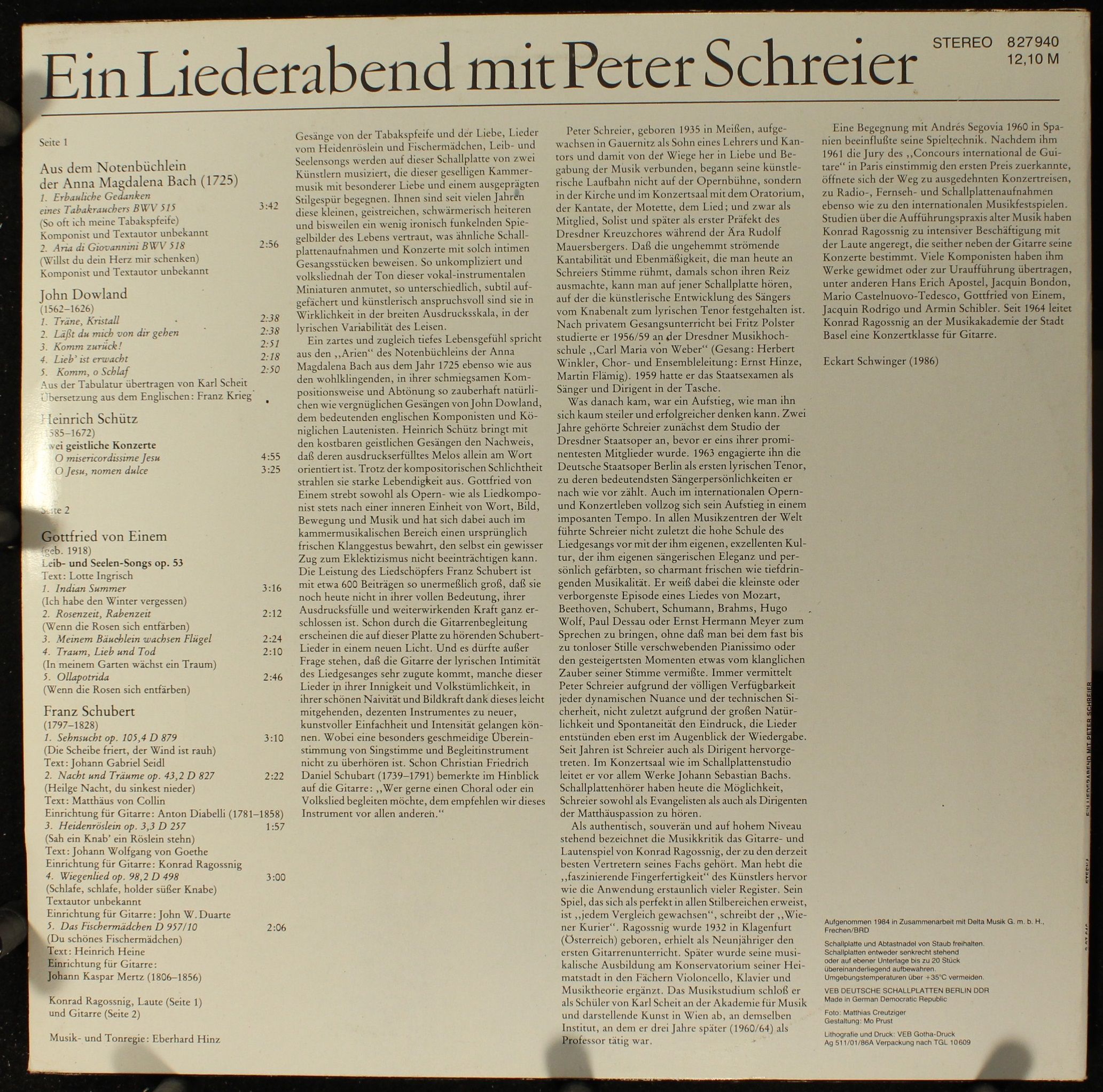 Eterna 8 27 940 - Peter Schreier, Konrad Ragossnig - Ein Liedera - Image 2
