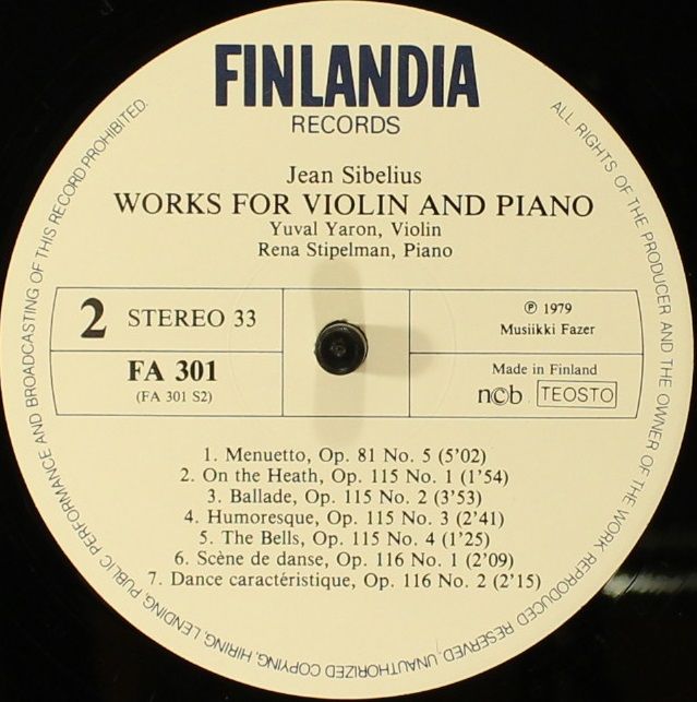 Finlandia Records FA 301 - Jean Sibelius, Yuval Yaron, Rena Stip - Image 4