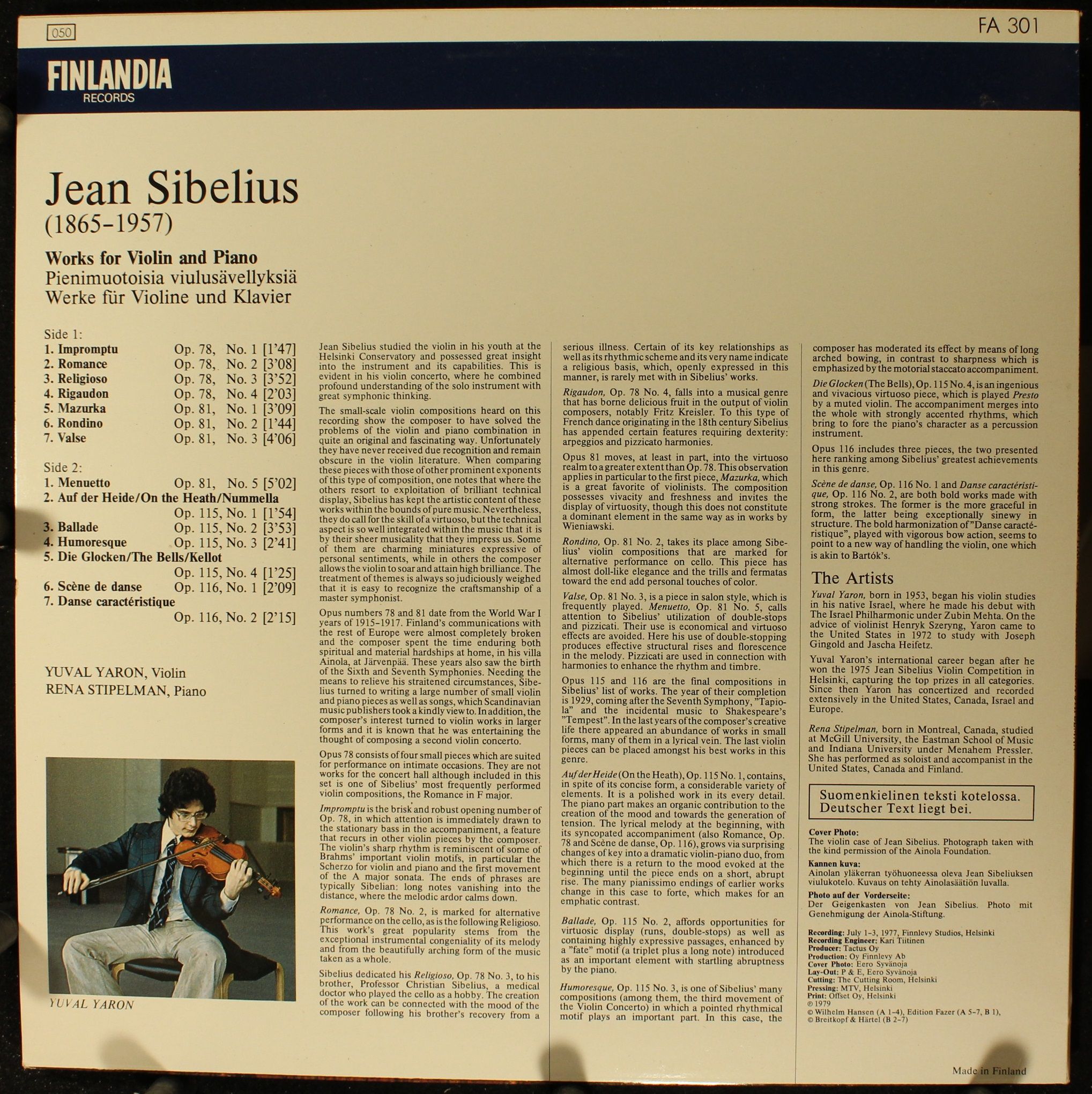 Finlandia Records FA 301 - Jean Sibelius, Yuval Yaron, Rena Stip - Image 2
