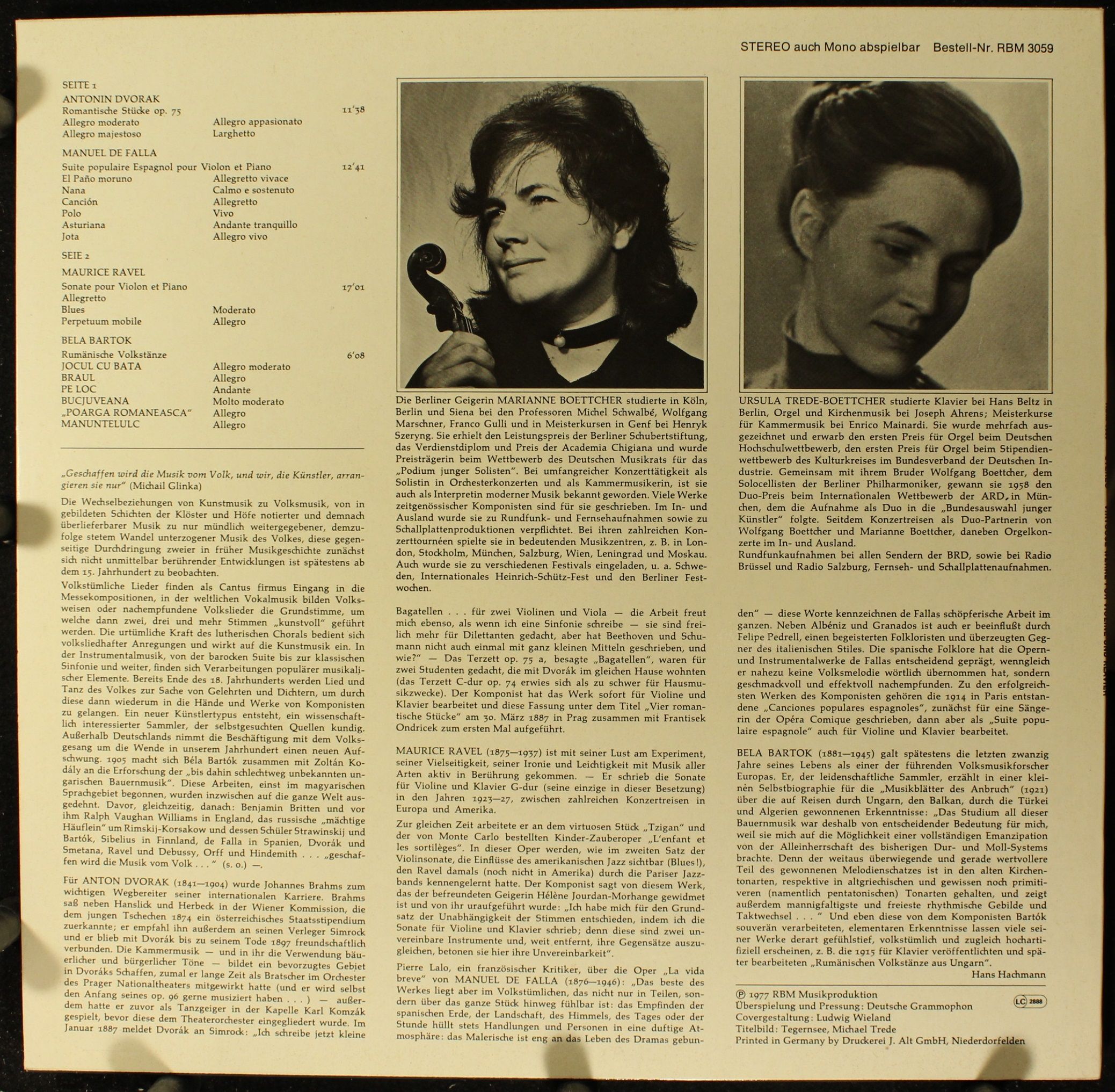 RBM Records RBM 3059 - Béla Bartók, Antonín Dvořák, Manuel De Fa - Image 2