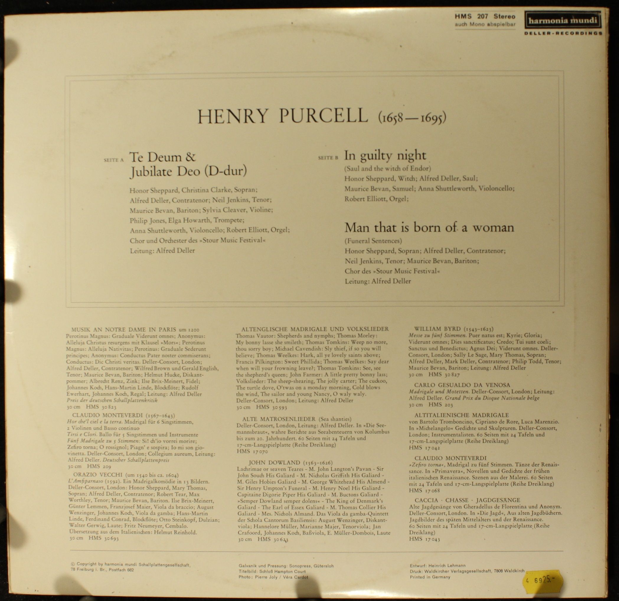 Harmonia Mundi HMS 207 - Henry Purcell, Deller Consort, Alfred D - Image 2