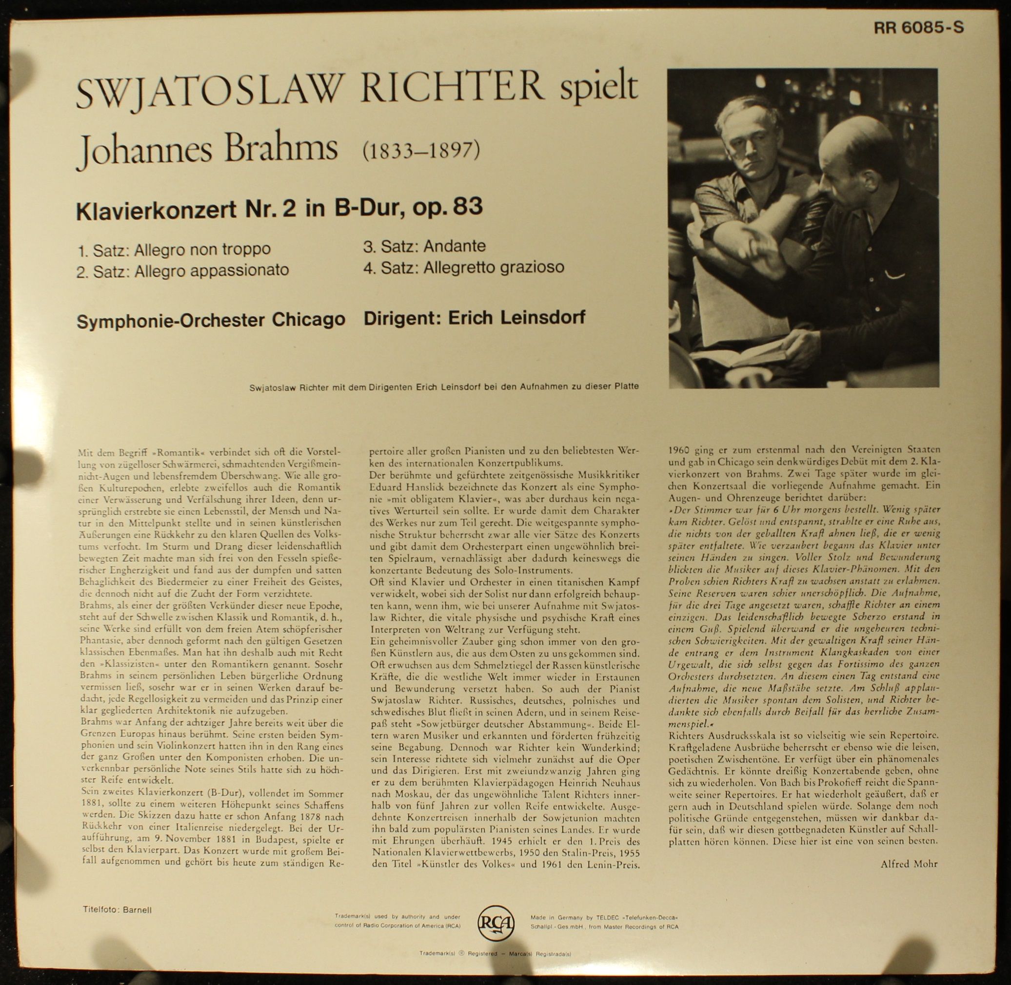 RCA RR 6085-M - Johannes Brahms, Sviatoslav Richter, Chicago Sym - Image 2