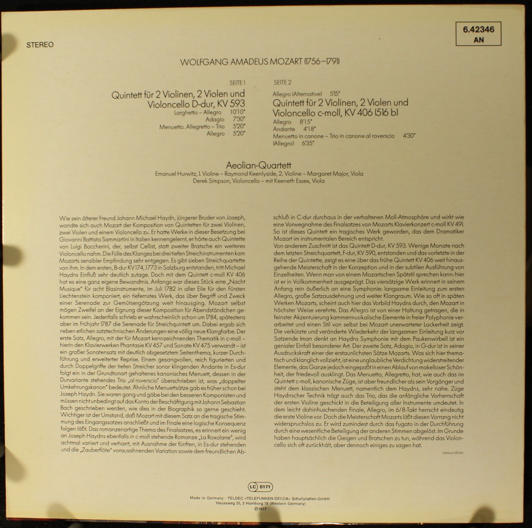 DECCA 6.42346 - Wolfgang Amadeus Mozart, Aeolian String Quartet, - Image 2