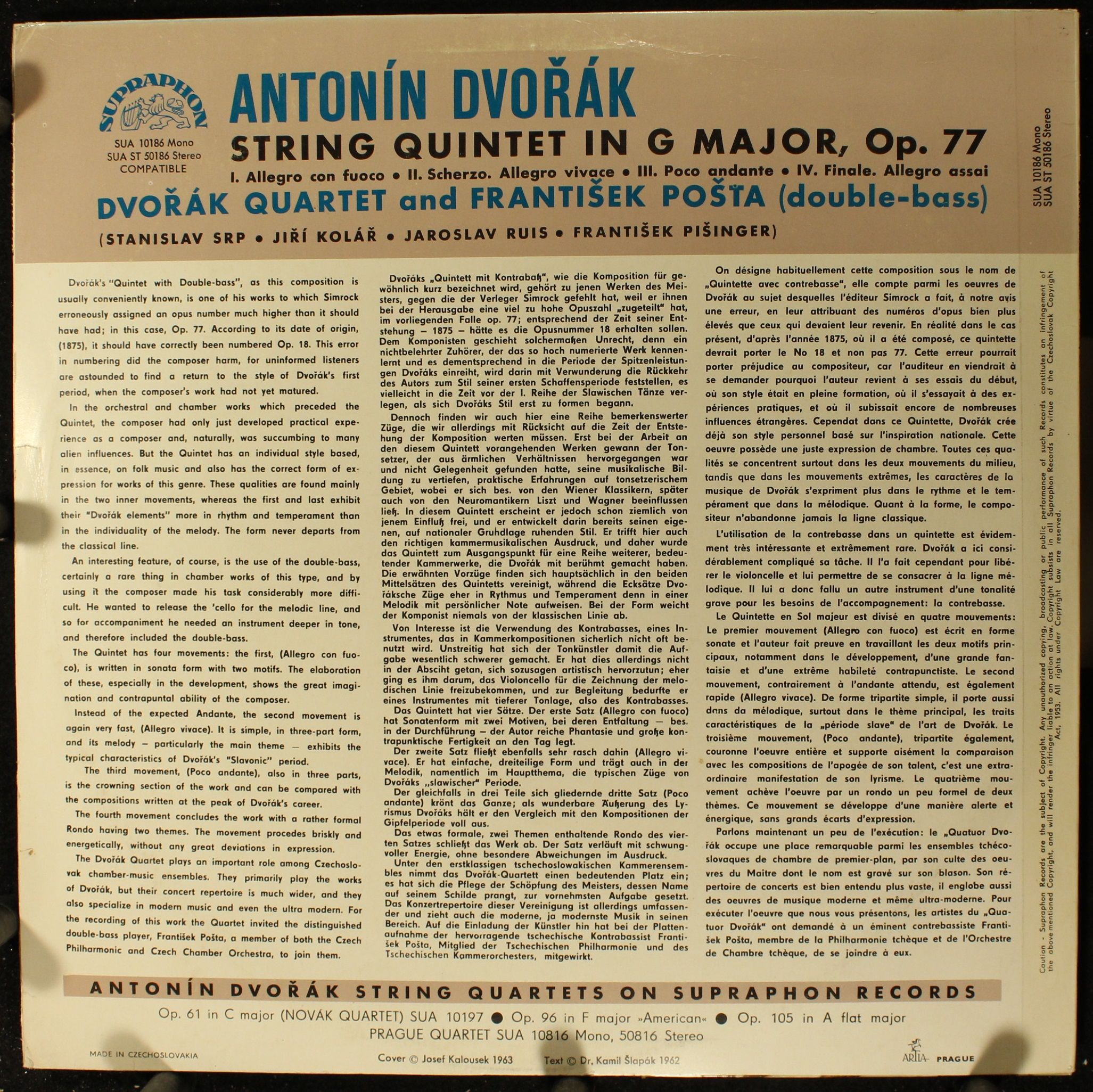 Supraphon SUA ST 50186 - Antonín Dvořák, Dvořák Quartet, Františ - Image 2