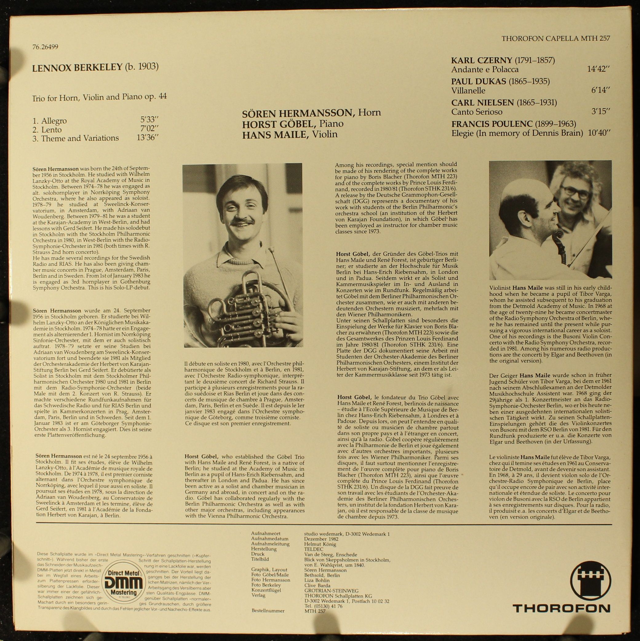 Thorofon Capella MTH 257 - Lennox Berkeley - Trio For Horn, Viol - Image 2