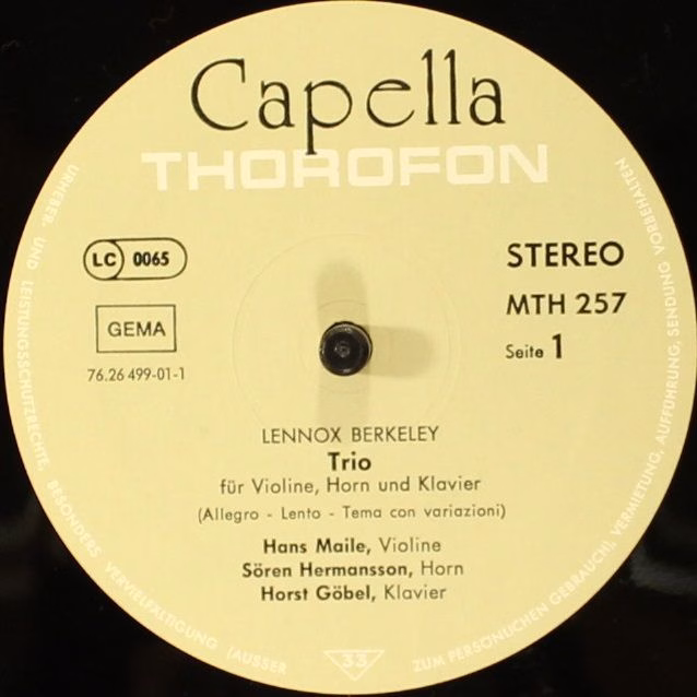 Thorofon Capella MTH 257 - Lennox Berkeley - Trio For Horn, Viol - Image 6