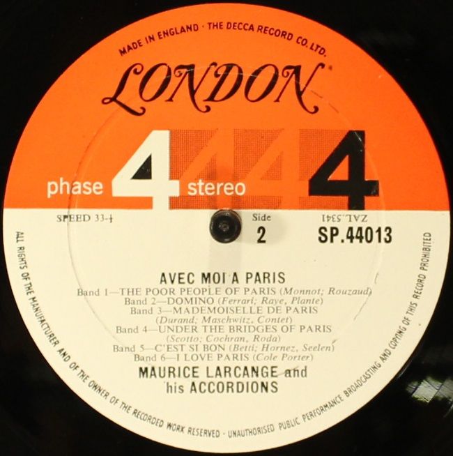 London Records SP 44013` - Maurice Larcange - Avec Moi A Paris - Image 6