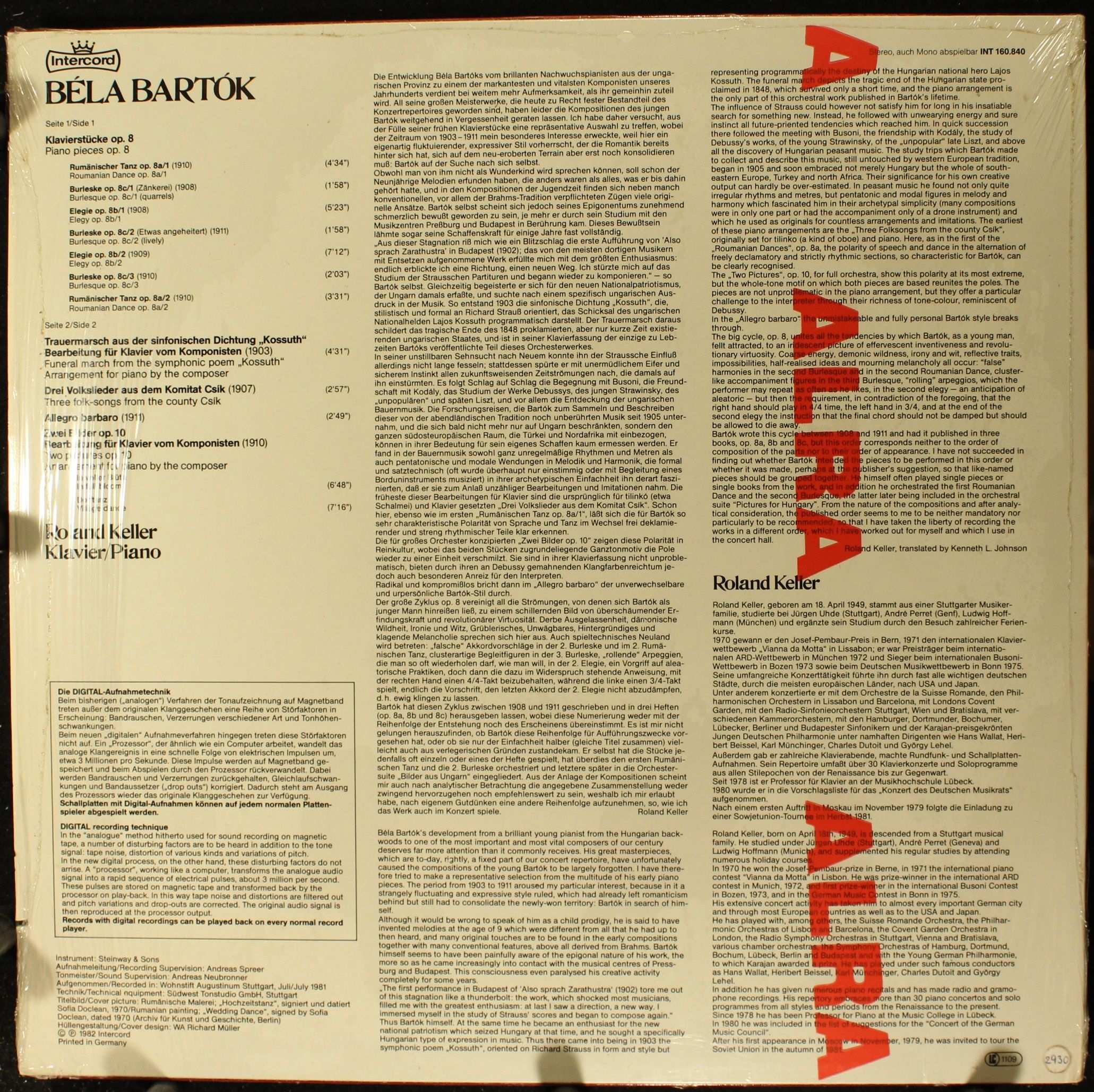Intercord INT 160.840 - Béla Bartók, Roland Keller - Klavierwerk - Image 2