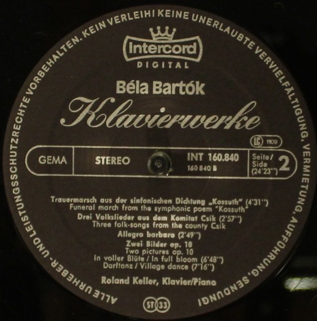Intercord INT 160.840 - Béla Bartók, Roland Keller - Klavierwerk - Image 4