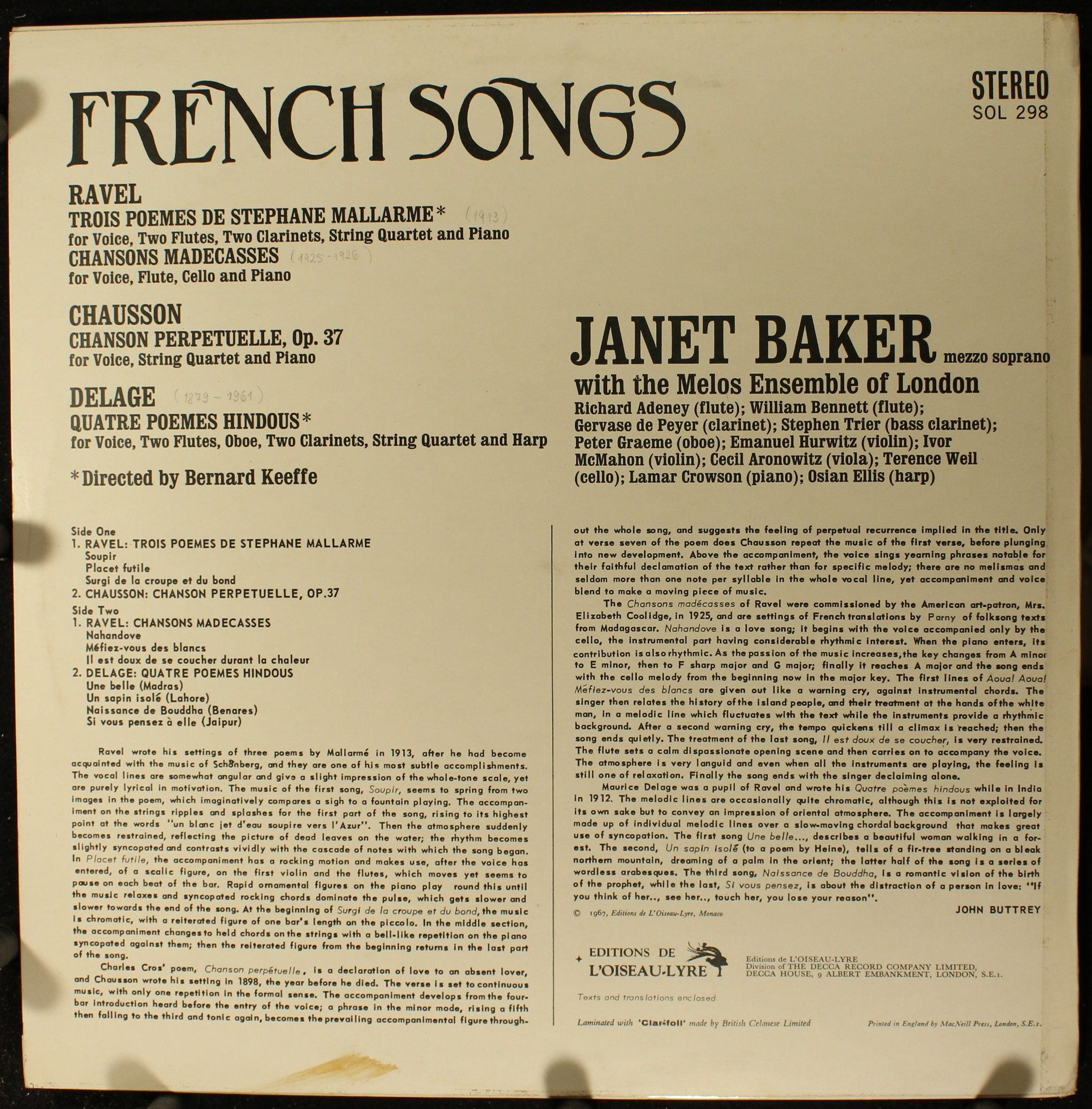 L'Oiseau-Lyre SOL 298 - Ernest Chausson, Maurice Ravel, Maurice - Image 2