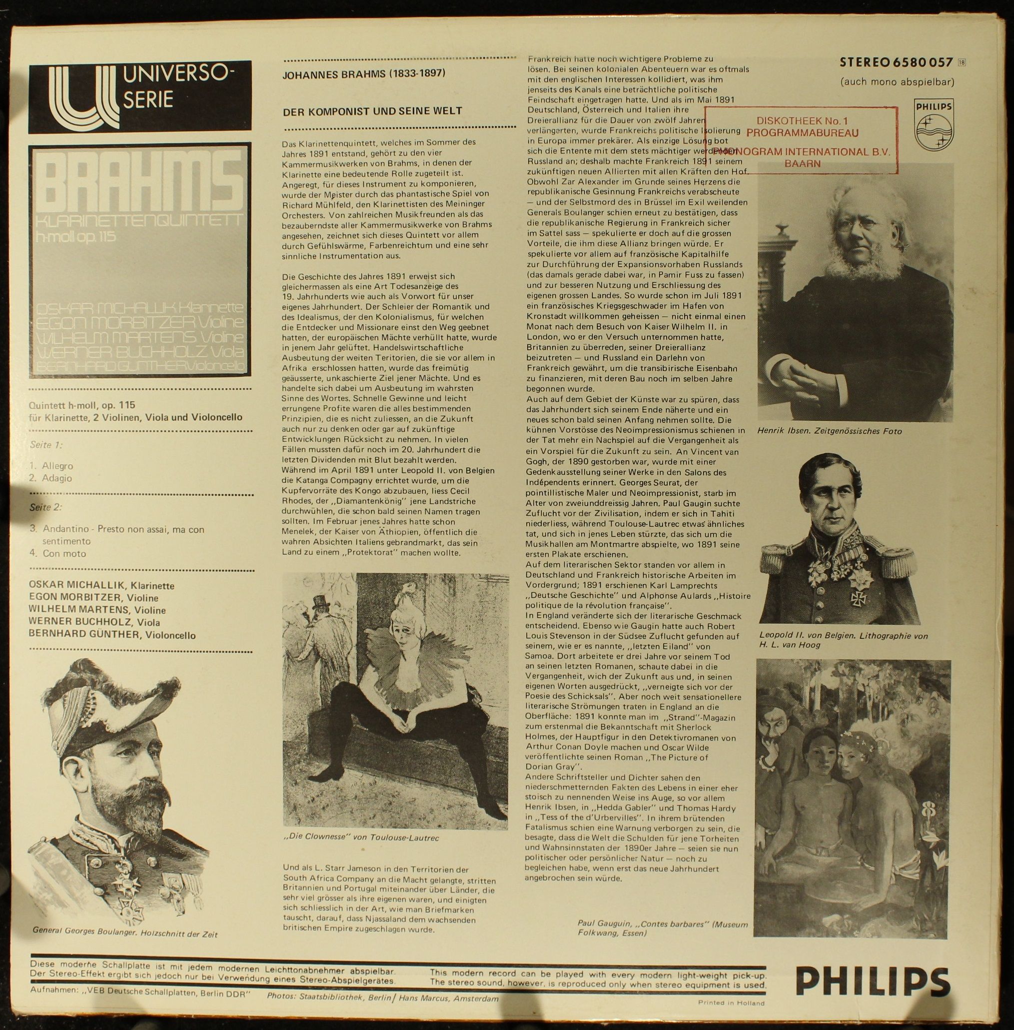 Philips 6580 057 - Johannes Brahms, Oskar Michallik, Egon Morbit - Image 2