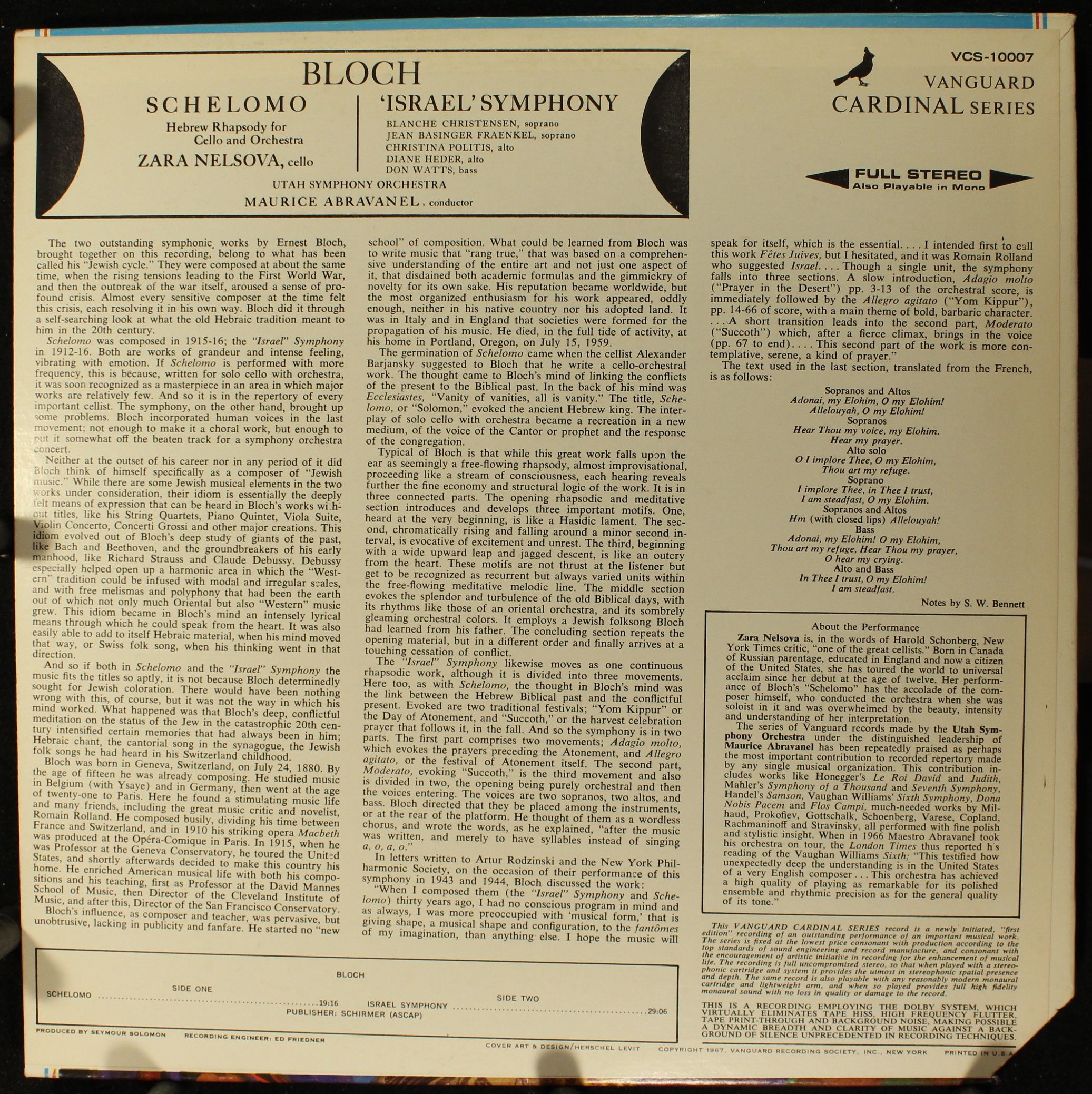 Vanguard VCS-10007 - Ernest Bloch, Zara Nelsova, Utah Symphony O - Image 2