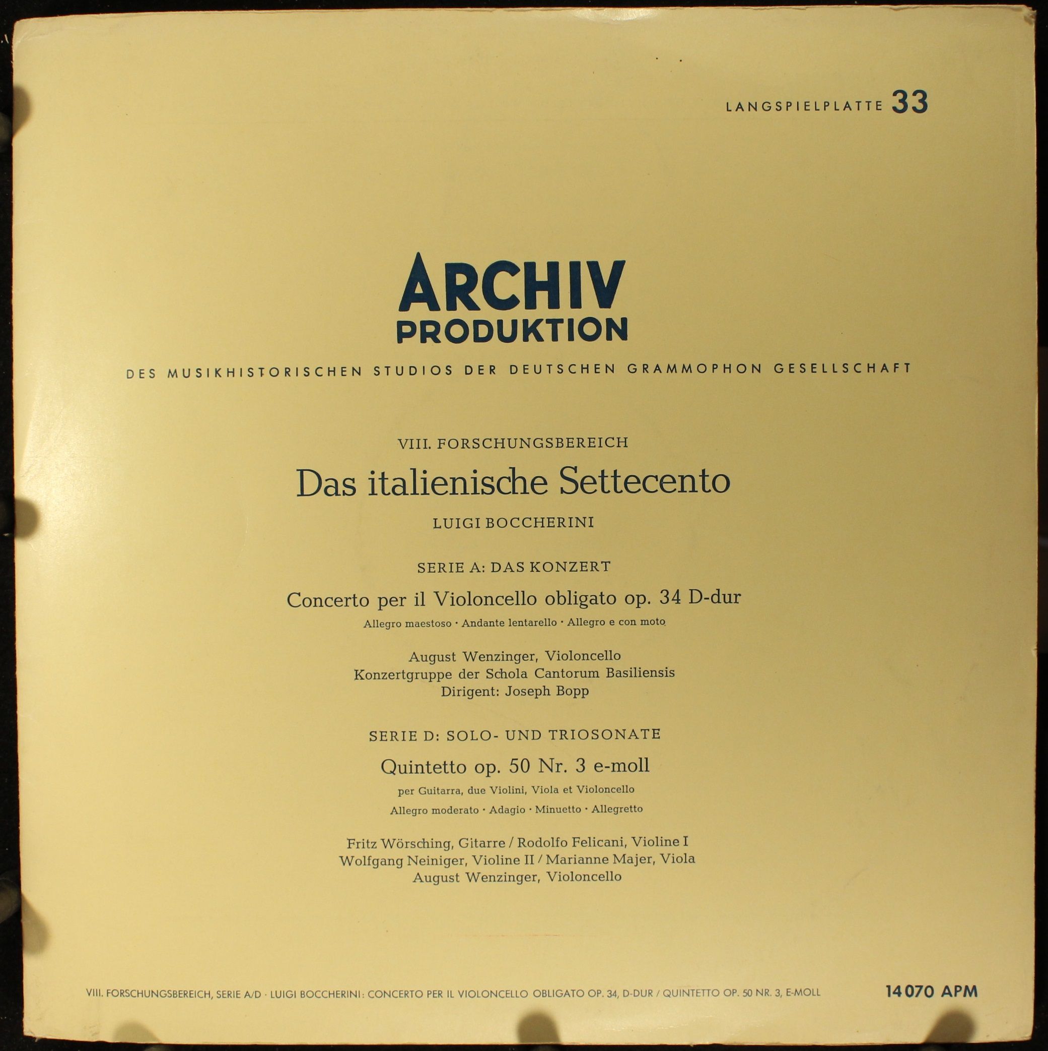 Archiv Produktion 14070 - Luigi Boccherini - Concerto Per Il Vio