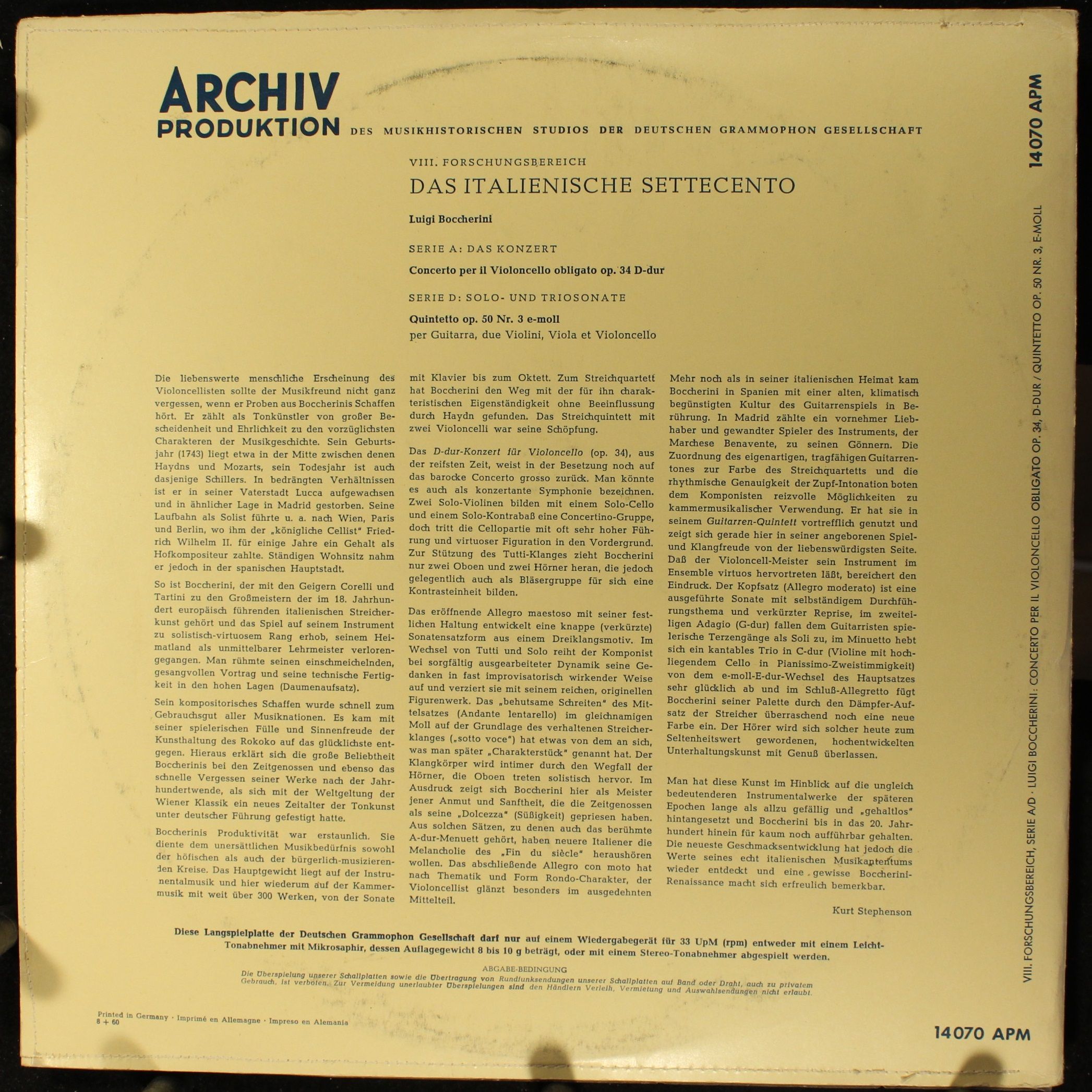 Archiv Produktion 14070 - Luigi Boccherini - Concerto Per Il Vio - Image 2