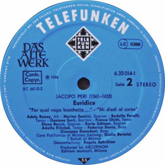 Telefunken 6.35014 - Jacopo Peri, Coro Polifonico di Milano, I S - Image 3