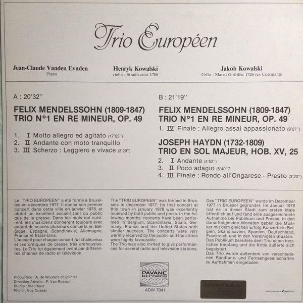 Pavane Records ADW 7041 - Trio Européen, Felix Mendelssohn-Barth - Image 2
