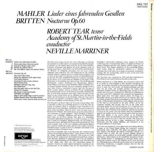 Argo ZRG 737 - Gustav Mahler, Benjamin Britten, Robert Tear, The - Image 2
