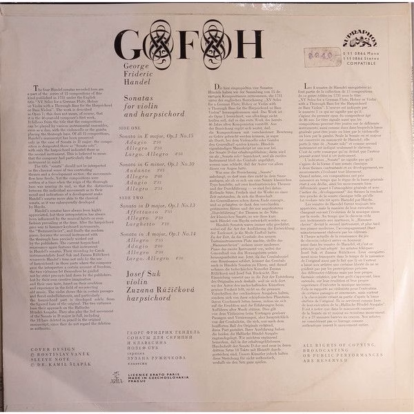 Supraphon 1 11 0864 - Georg Friedrich Händel, Josef Suk, Zuzana - Image 2
