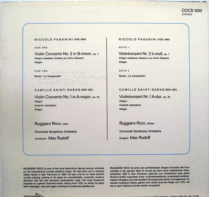 Coral COCS 1033 - Niccolò Paganini, Camille Saint-Saëns, Ruggier - Image 2