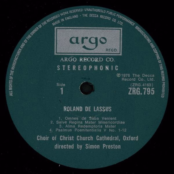 Argo ZRG 795 - Roland de Lassus, The Choir Of Christ Church Cath - Image 3