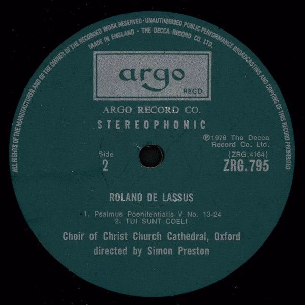 Argo ZRG 795 - Roland de Lassus, The Choir Of Christ Church Cath - Image 4