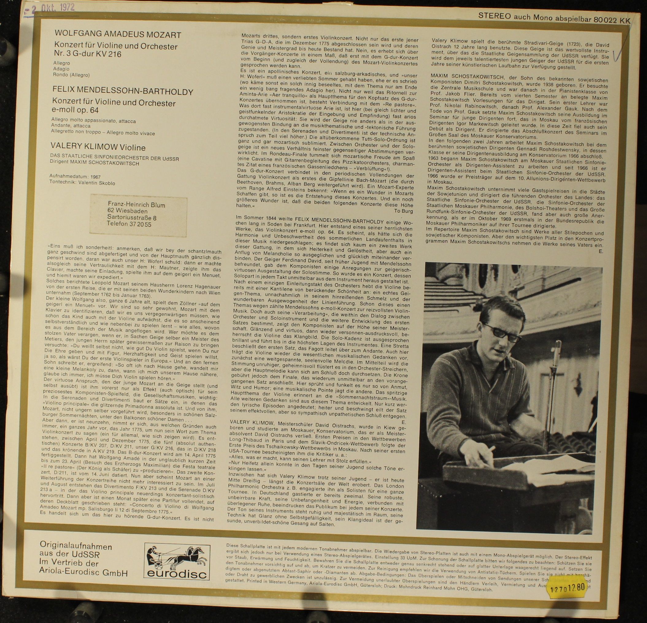Eurodisc 80 022 KK - Wolfgang Amadeus Mozart, Felix Mendelssohn- - Image 2